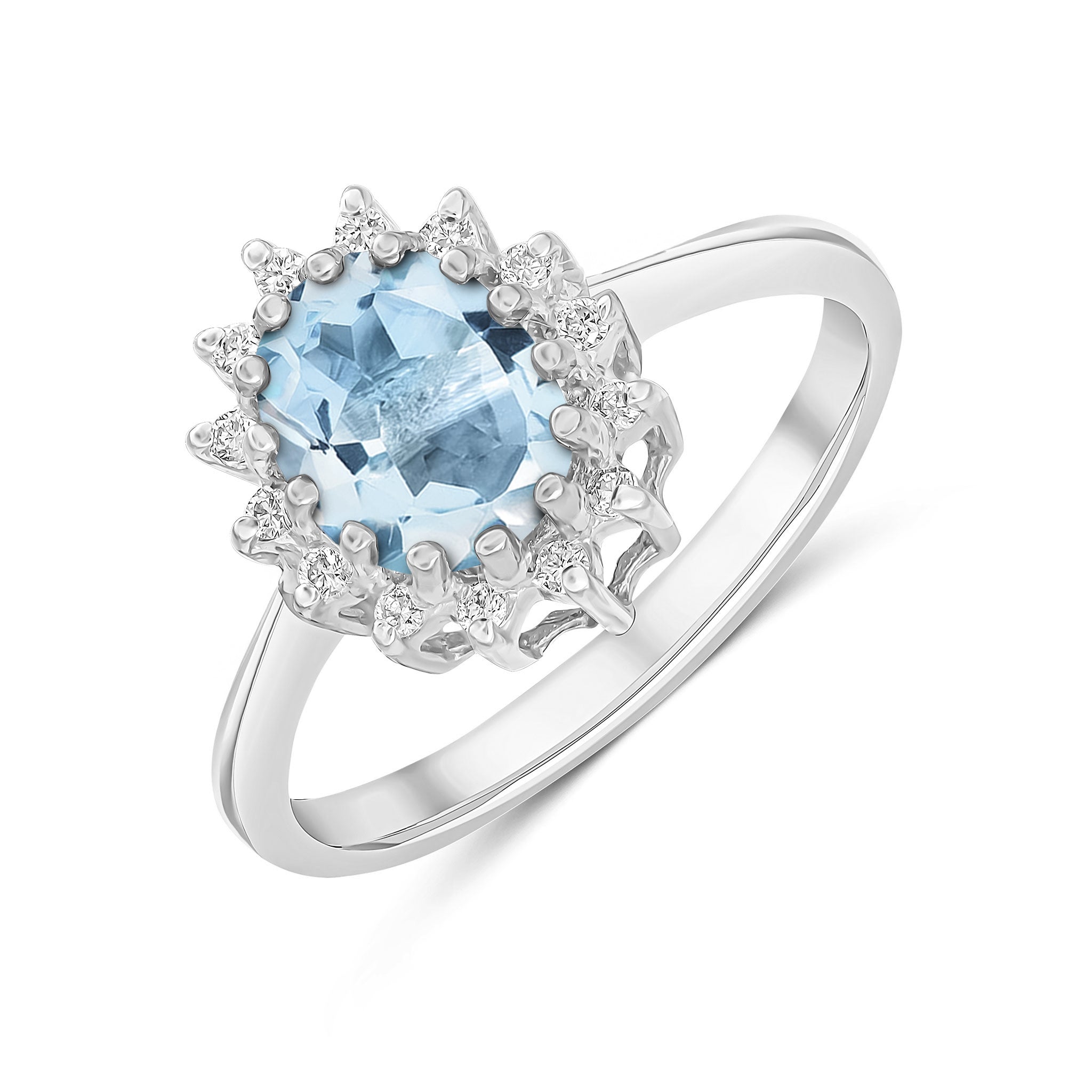 9ct White Gold 8x6 Oval Aquamarine & Diamond Claw Set Custer Ring