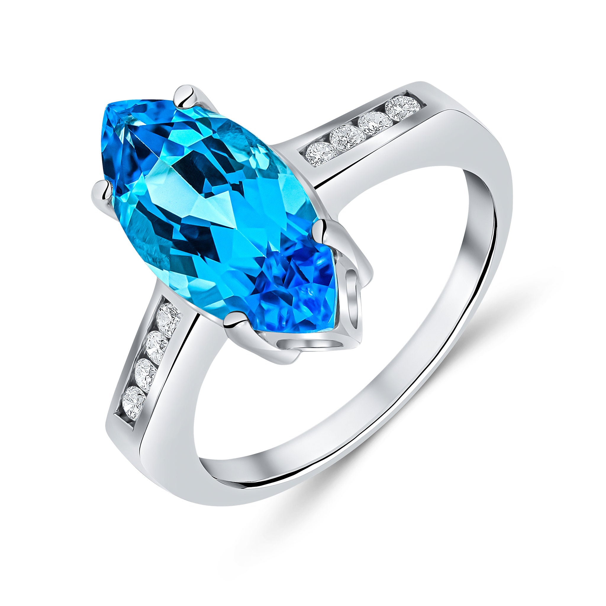 9ct White Gold 15x7 Marquise Swiss Blue Topaz Single Stone Ring with Channel Set Diamond Shoulders