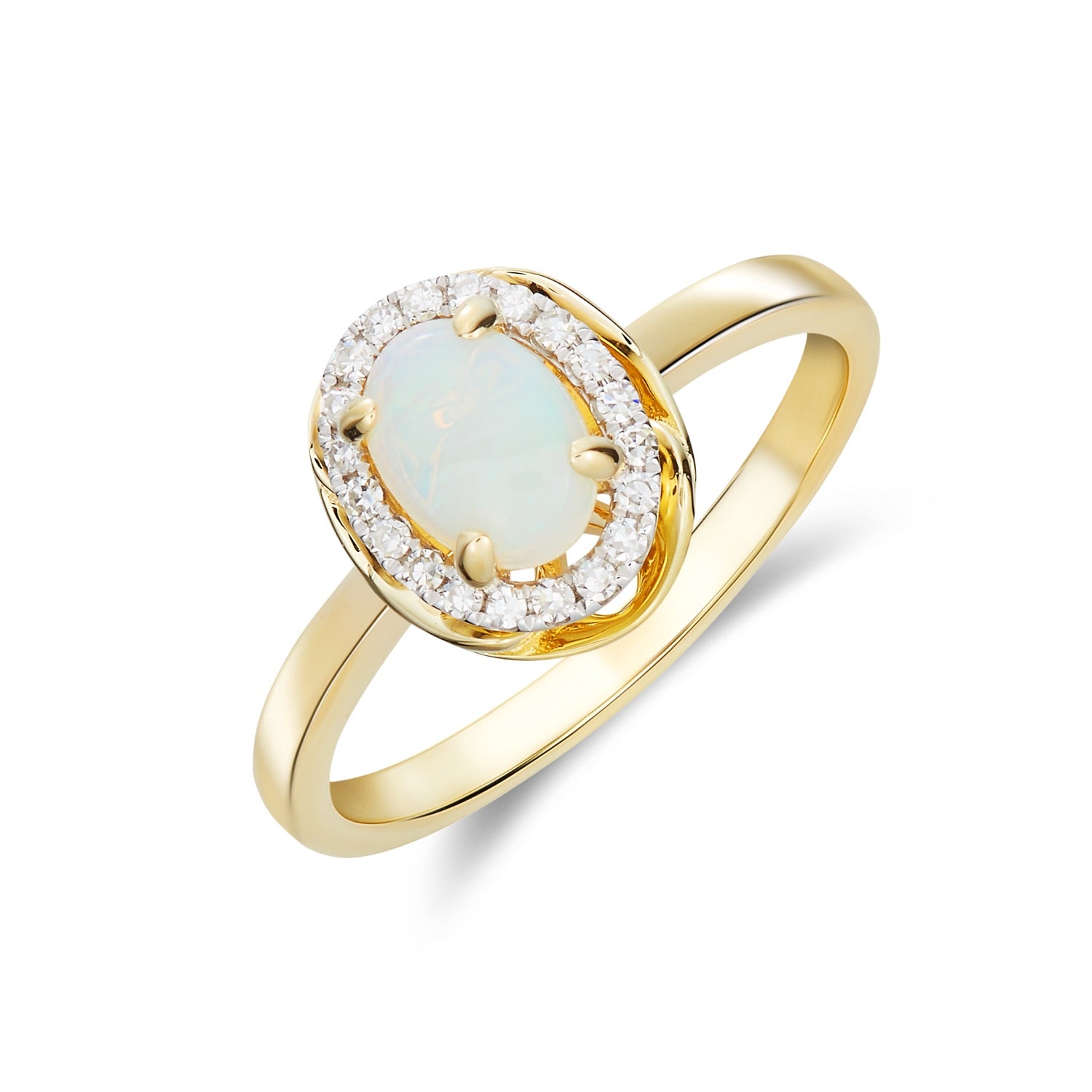 9CT YG 7X5 OVAL OPAL & DIAMOND CLUSTER RING WITH ROPE EDGE 1