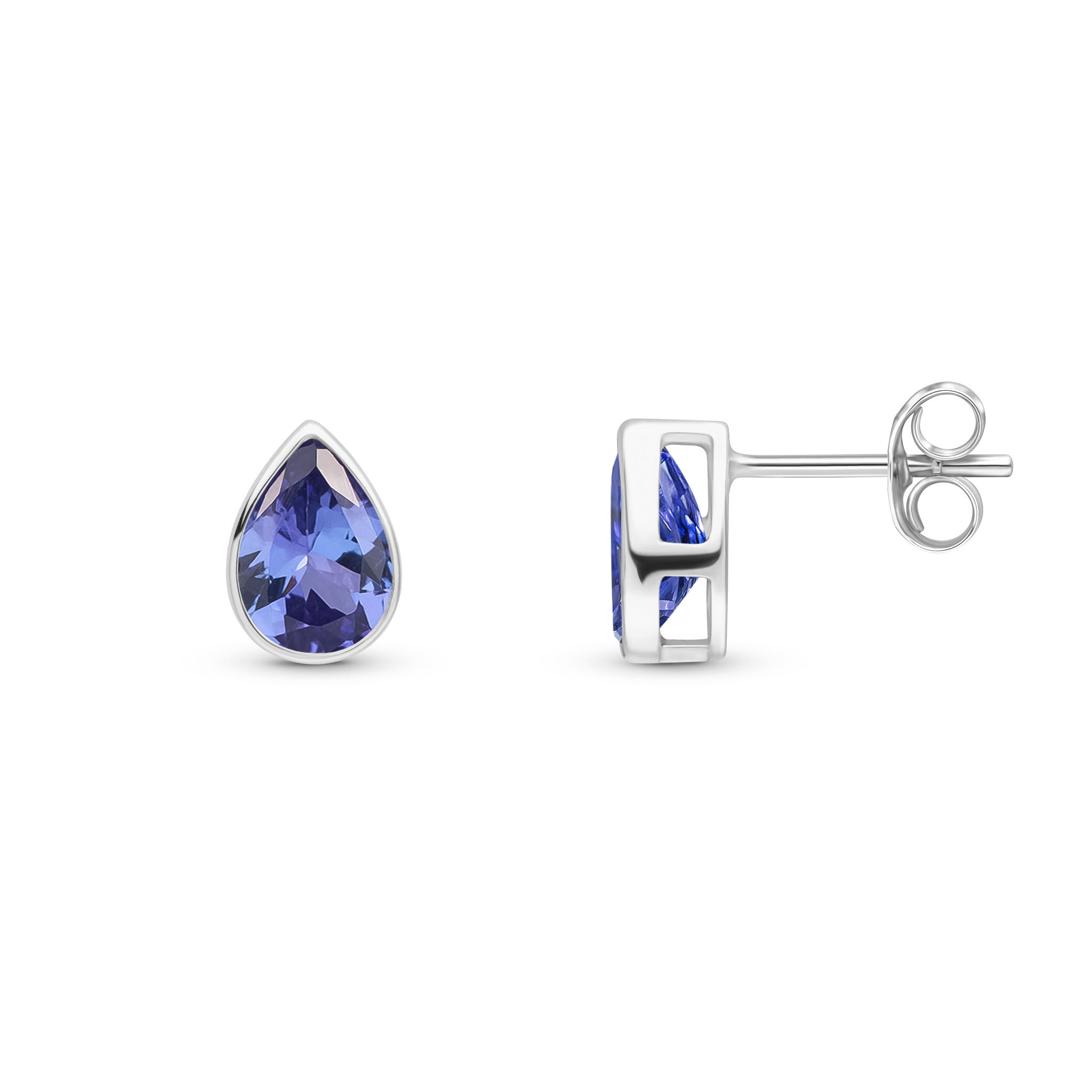 9ct White Gold 7x5 Pear Shape Tanzanite Rubover Set Earrings