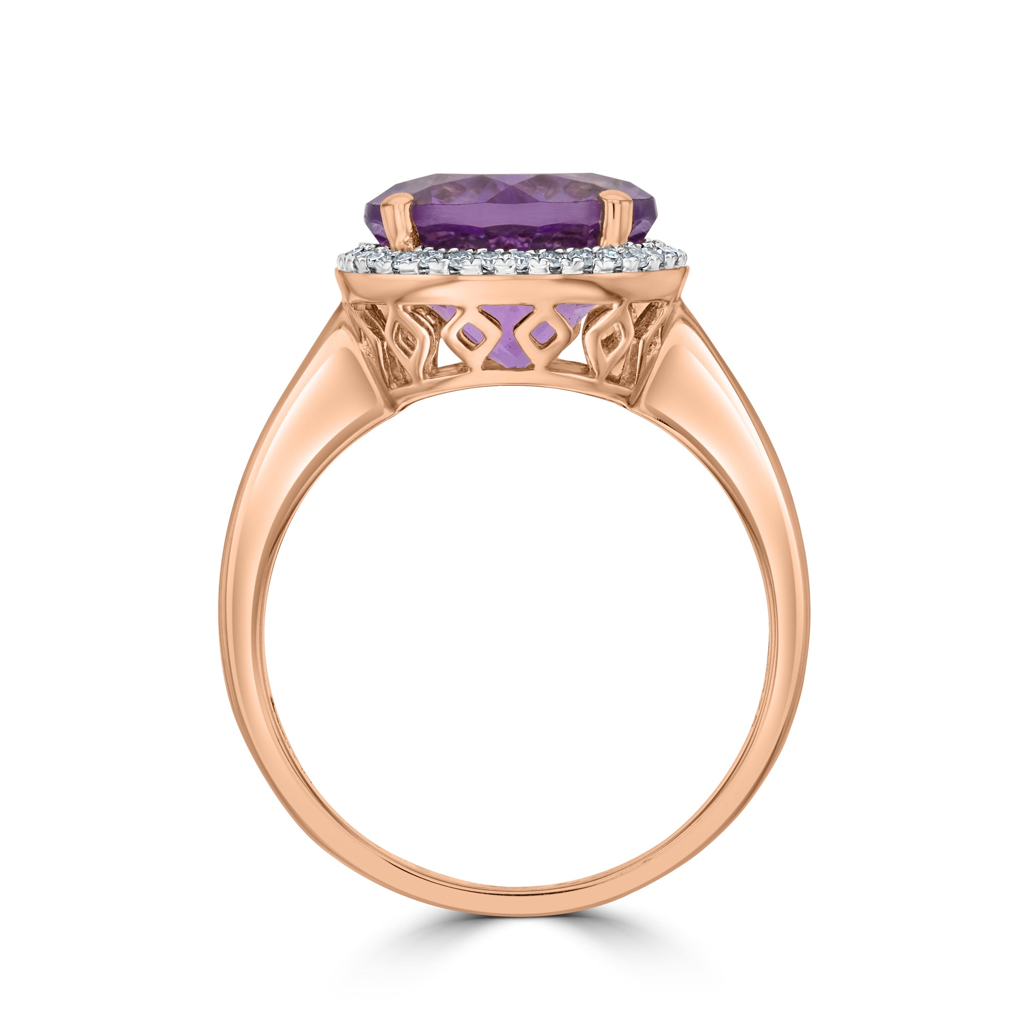 9CT ROSE GOLD 10MM ROUND AMETHYST & DIAMOND CLUSTER RING. RHODIUM TO DIAMONDS 1