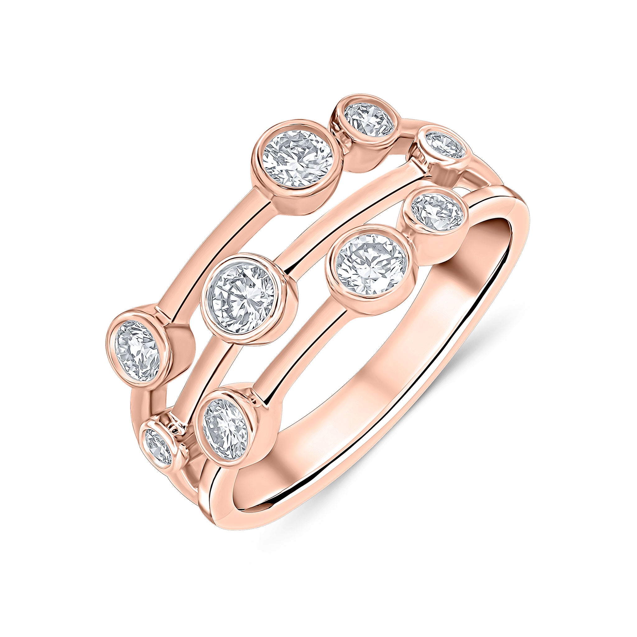 18ct Rose Gold Diamond 3 Row Bubble Ring 0.75ct Total