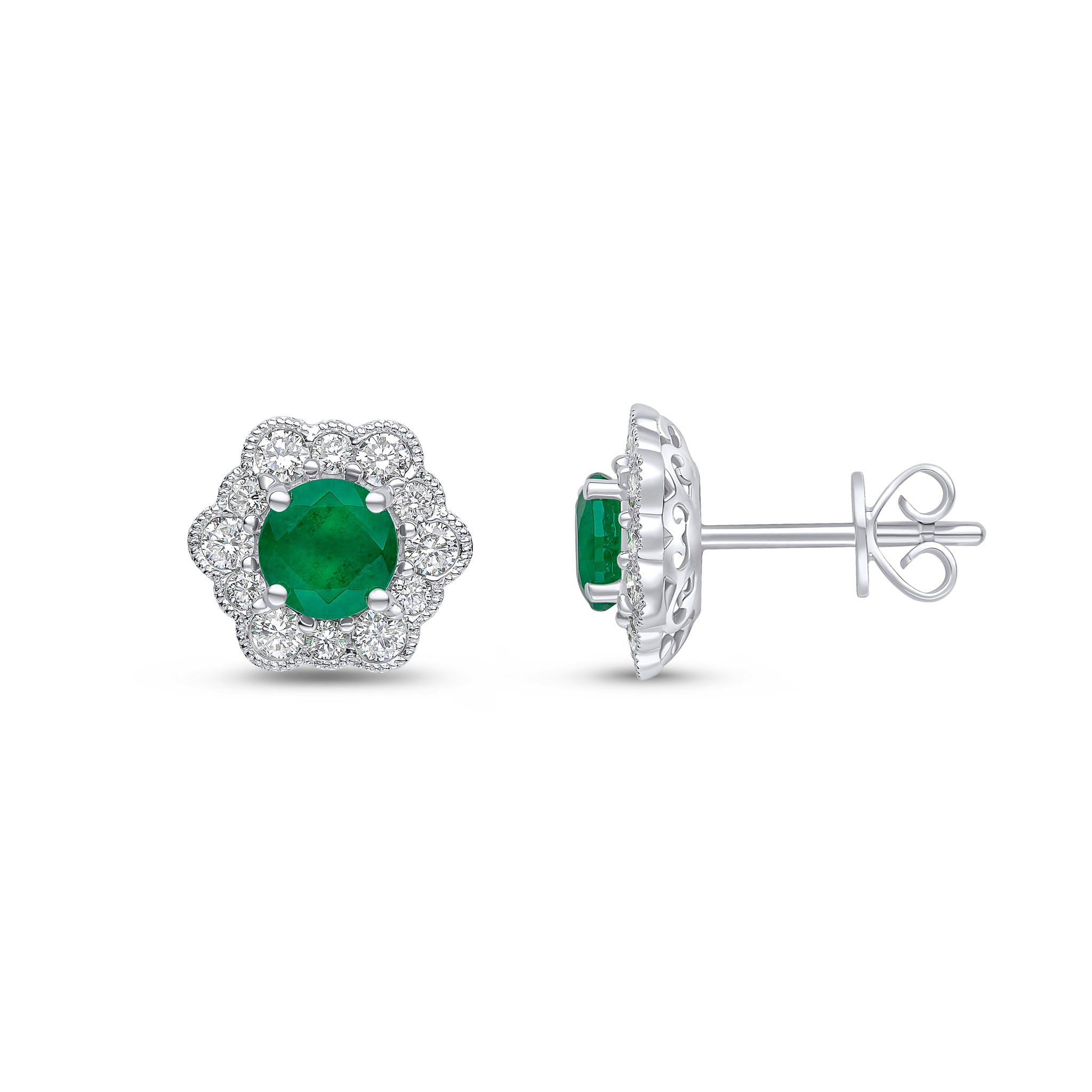 18ct White Gold 5mm Round Emerald & Diamond Milgrain Cluster Earrings