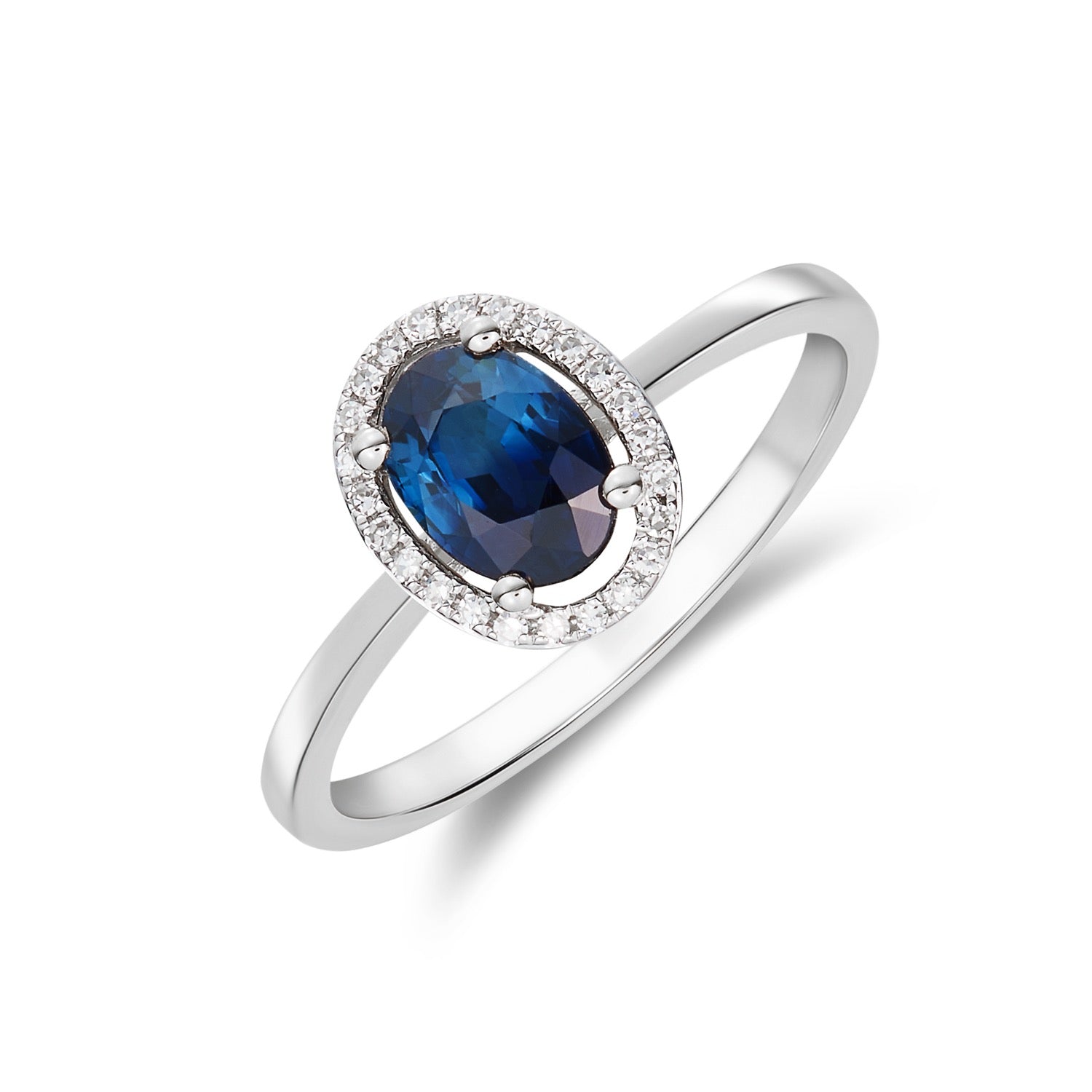 9ct White Gold 7x5 Oval Sapphire & Round Diamond Halo Cluster Ring
