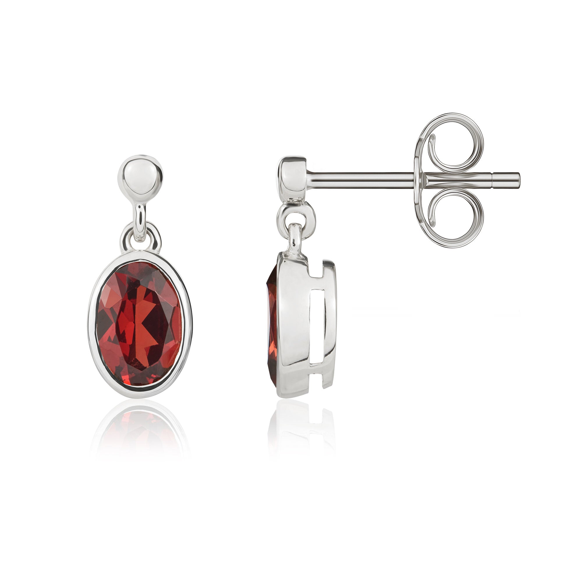 9ct white gold 6 x 4 mm oval garnet rubover Drop Earrings With 2.5mm Bead Top