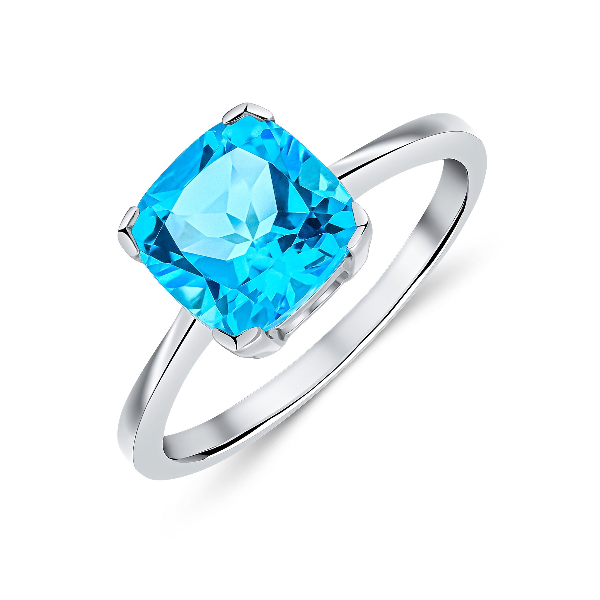 9ct White Gold 8mm Cushion Swiss Blue Topaz Claw Set Single Stone Ring