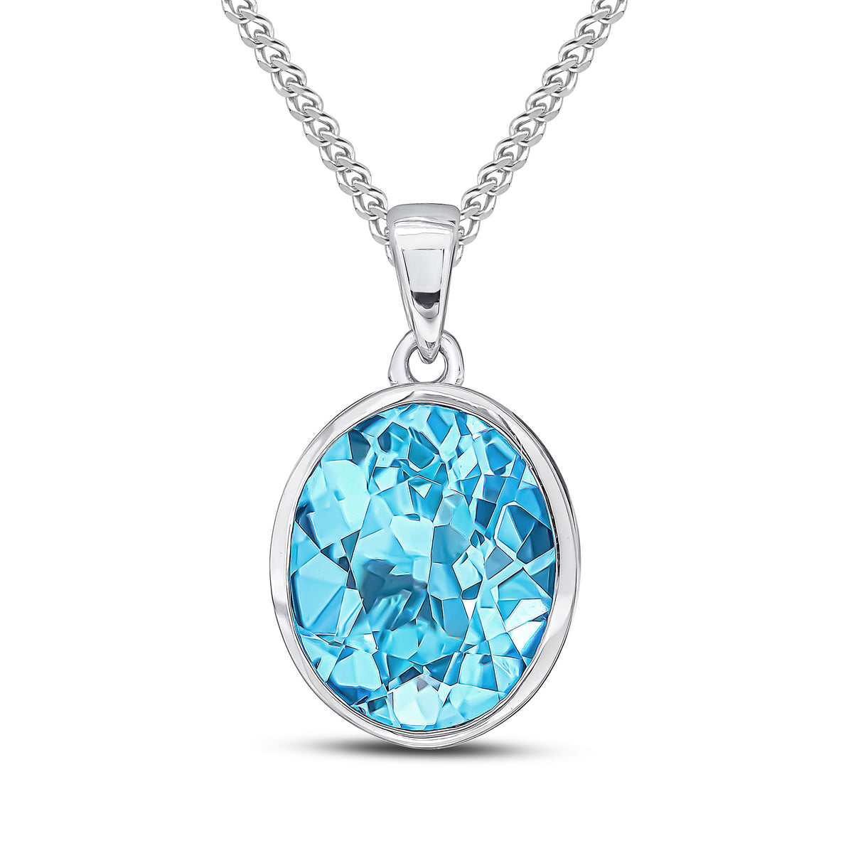 9ct White Gold 12x10 Oval Swiss Blue Topaz Rubover Pendant