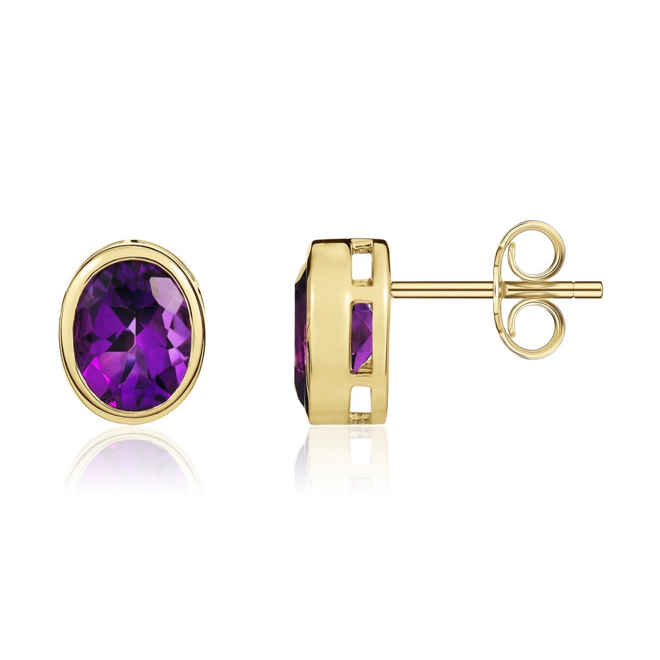 9ct Yellow Gold 9x7 Oval Amethyst Rubover Earrings
