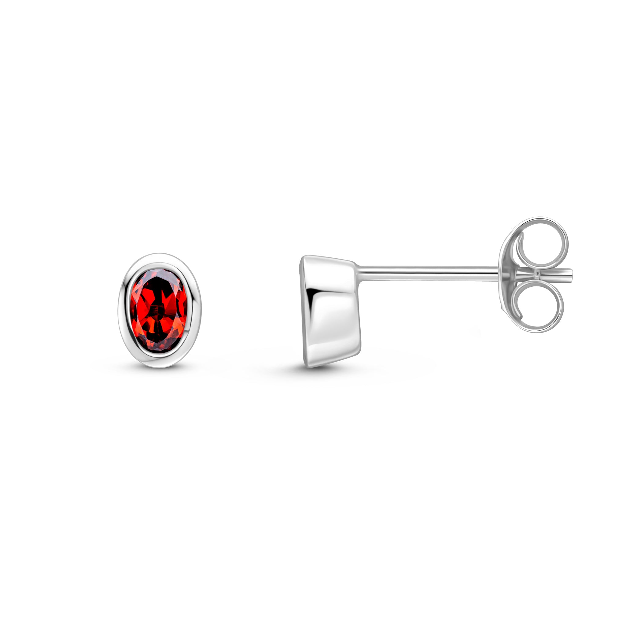 9ct White Gold 4x3 Oval Garnet Rubover Set Earrings