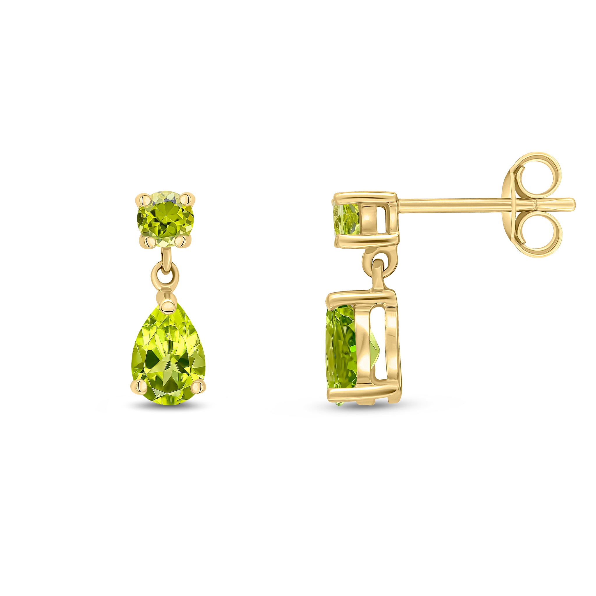 9ct Yellow Gold Round and Pear Shape Peridot 2 Stone Claw Set Drop Earrings