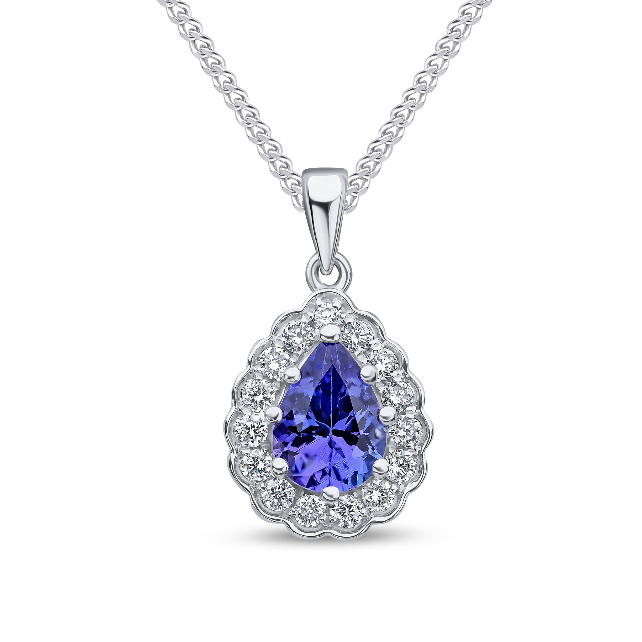 18ct White Gold 7x5 Claw Set Pear Shape Tanzanite and Round Diamond Scalloped Edge Cluster Pendant