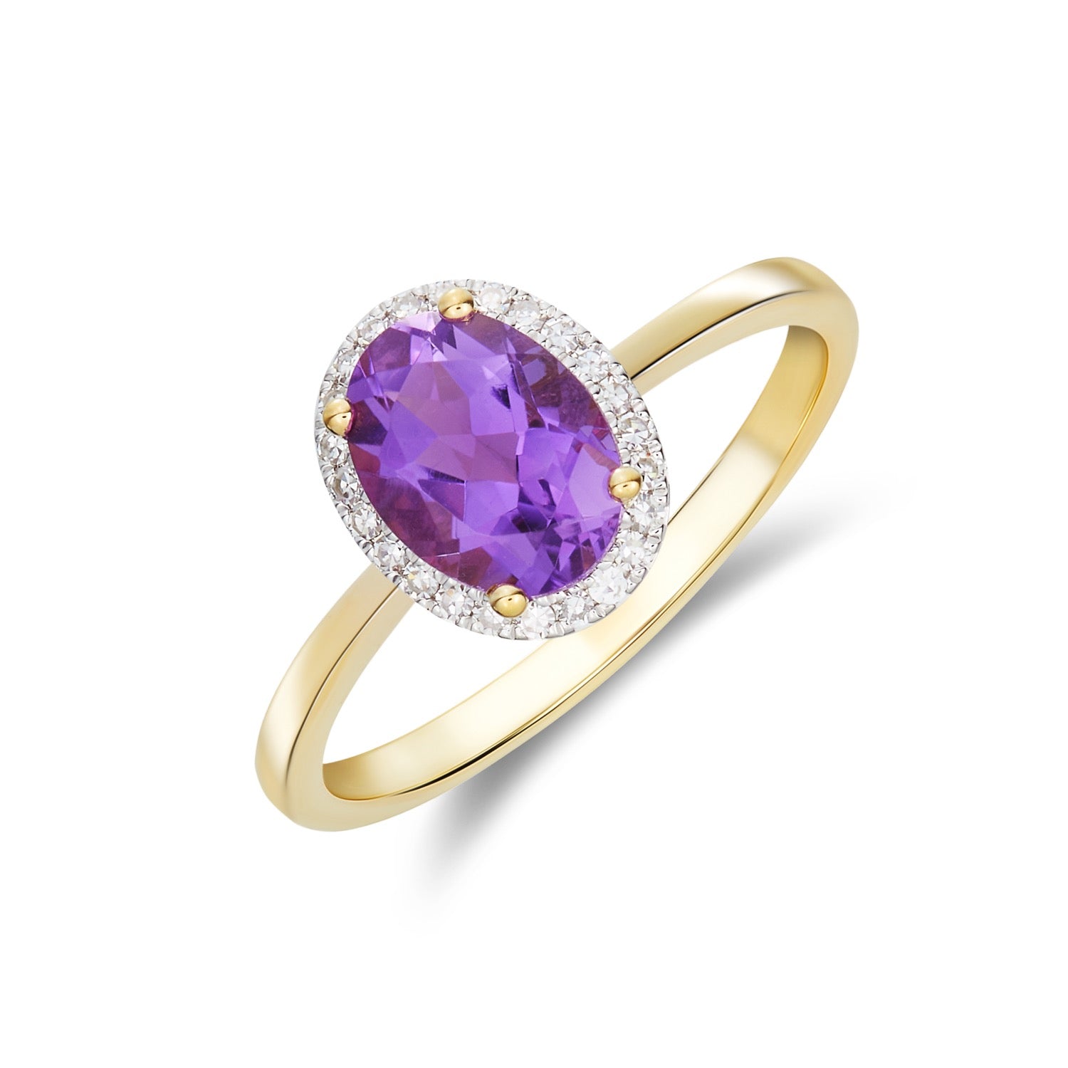 9CT YG 8X6 OVAL AMETHYST & DIAMOND CLAW SET CLUSTER RING. RHODIUM TO DIAMONDS 1