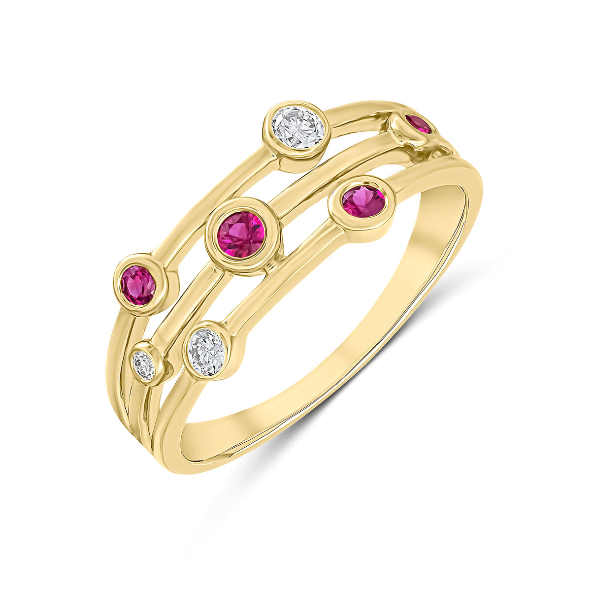 9ct Yellow Gold Round Ruby and Round Diamond 3 Row Rubover Bubble Ring