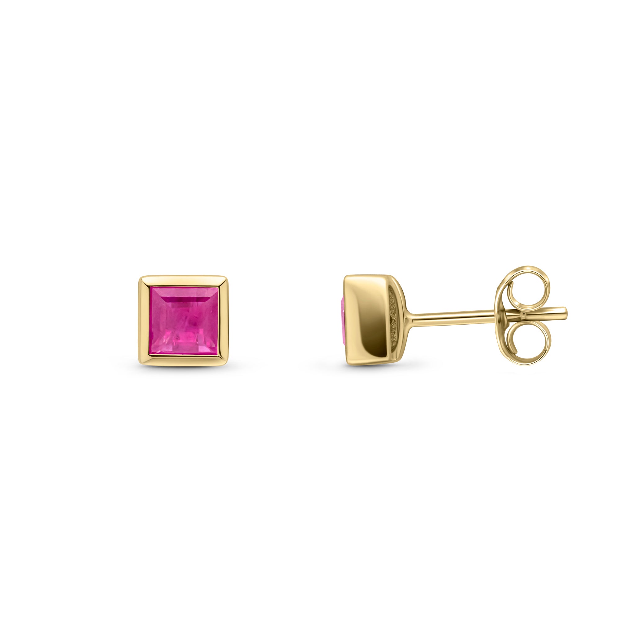 9ct Yellow Gold 3mm Square Ruby Rubover Set Earrings