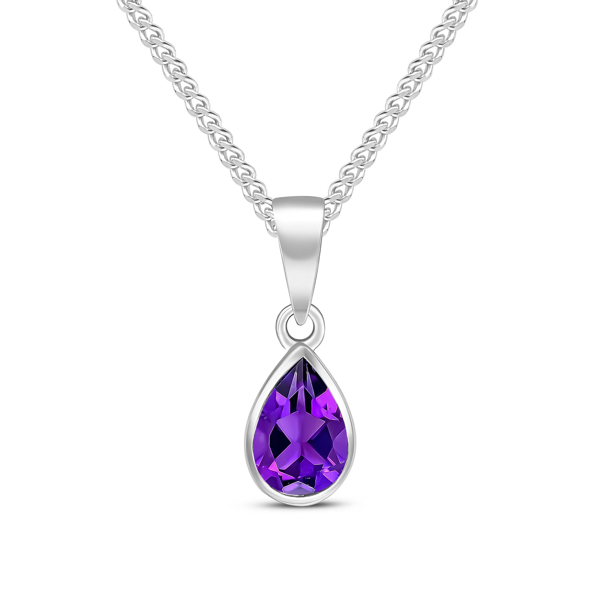 9ct White Gold 7x5 Pear Shape Amethyst Rubover Pendant