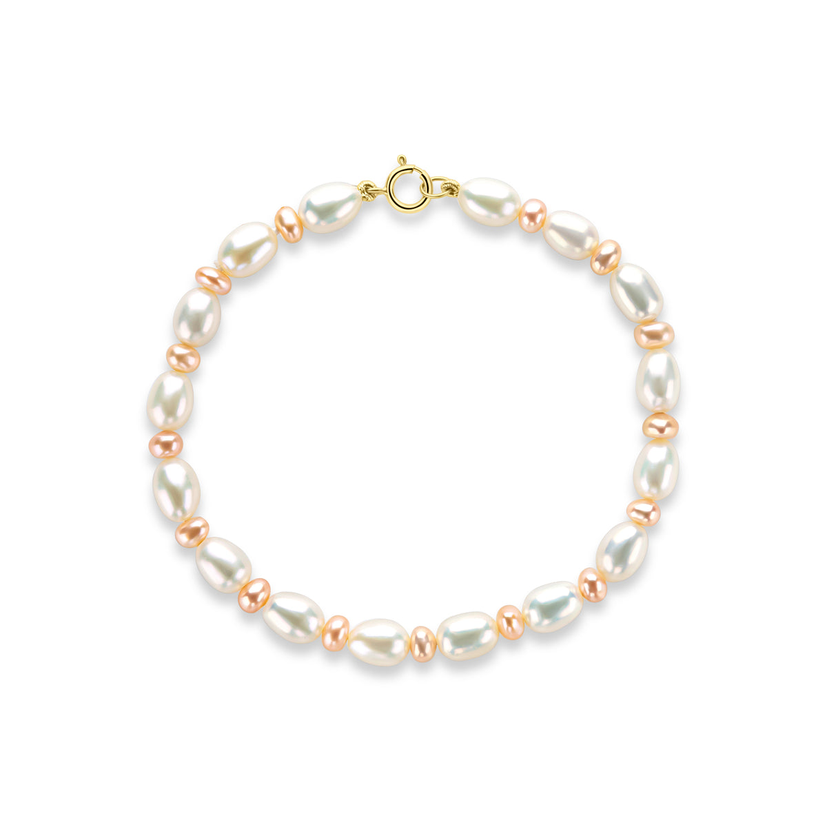9ct Yellow Gold Genuine Pink White Rice Pearl Button Design Bracelet 7.5"