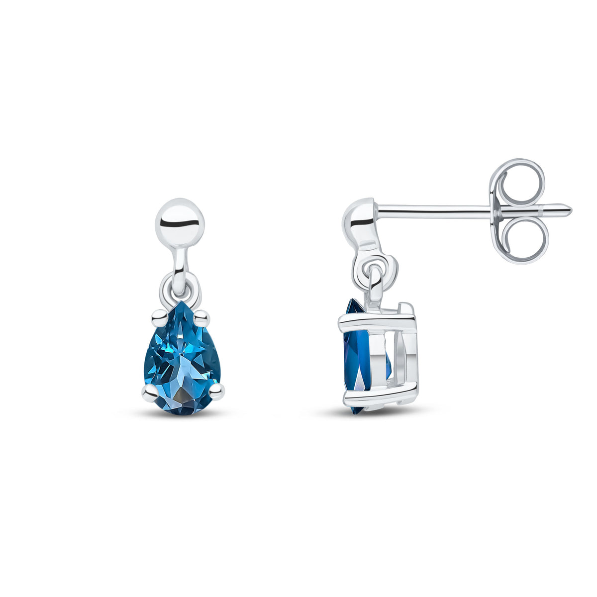 9ct White Gold 6x4 Pear Shape London Blue Topaz Claw Set Drop Earrings with Bead Stud Top