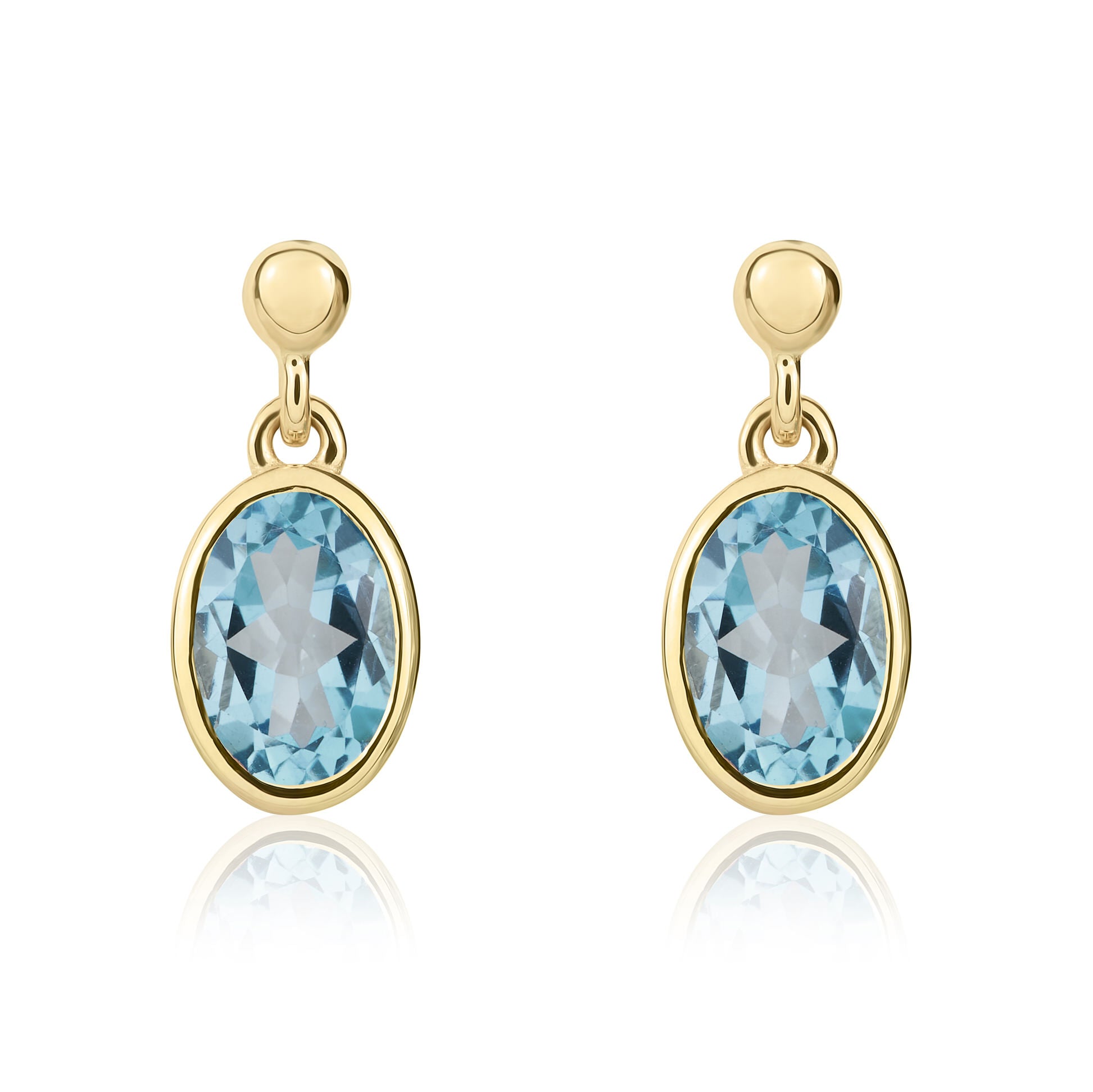9ct Yellow Gold 7x5mm Oval Swiss Blue Topaz Rubover Drop Earrings with Bead Top