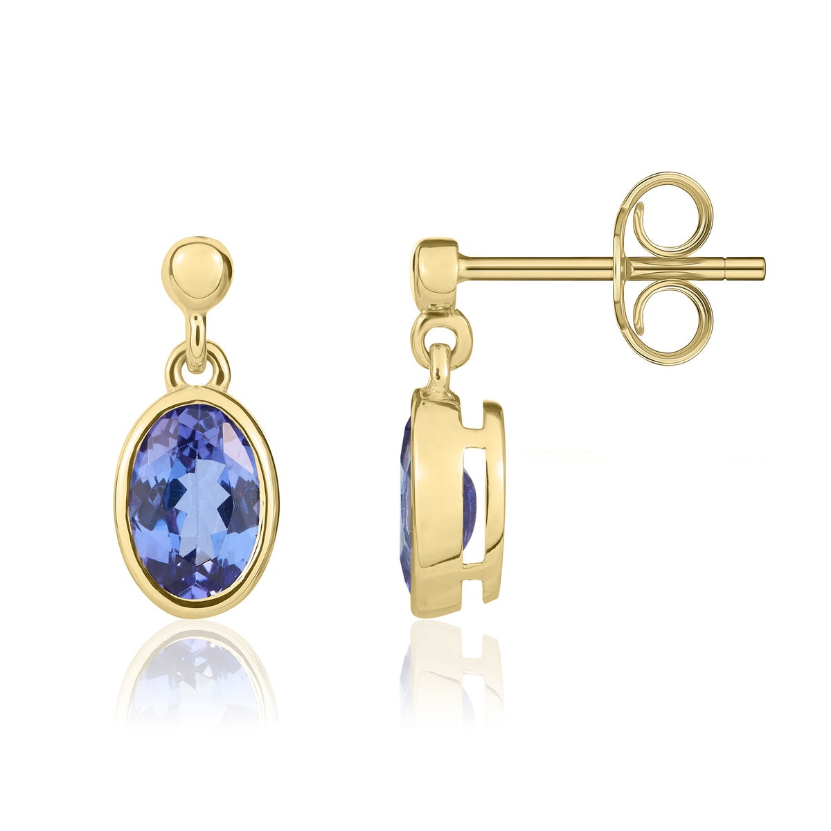 9ct Yellow Gold 7x5mm Oval Tanzanite Rubover Drop Earrings with Bead Top
