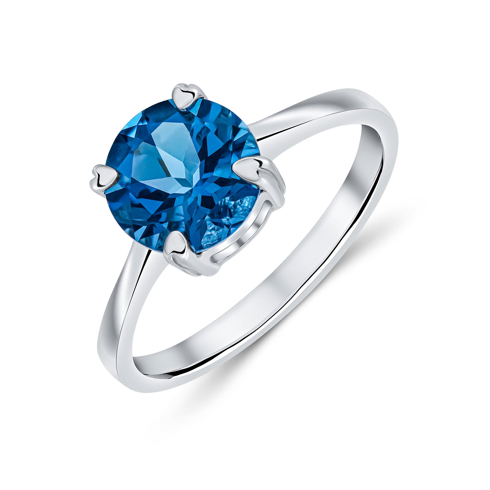 9ct White Gold 8mm Round London Blue Topaz Claw Set Single Stone Ring