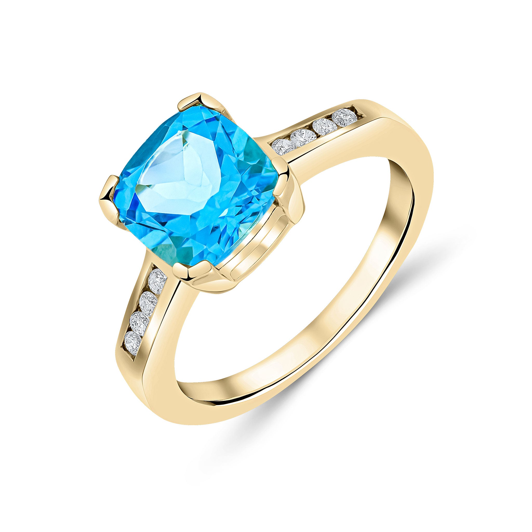 9CT YG CLAW SET CUSHION SWISS BLUE TOPAZ SINGLE STONE RING WITH CHANNEL SET DIAMOND SHOULDERS 1