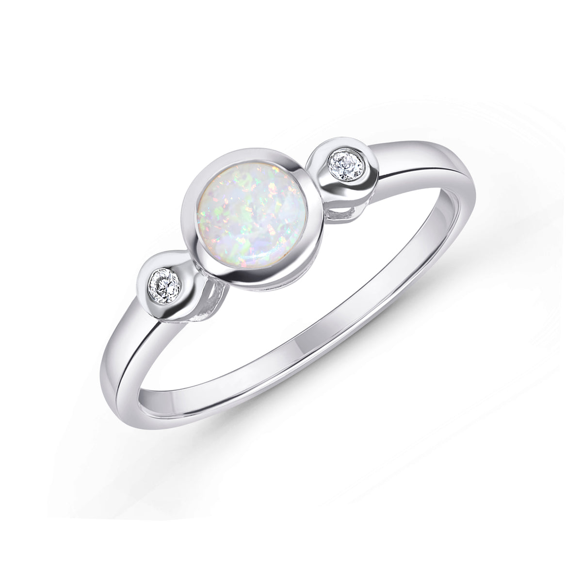 9ct White Gold 5mm Round Opal and Diamond Rubover 3 Stone Ring