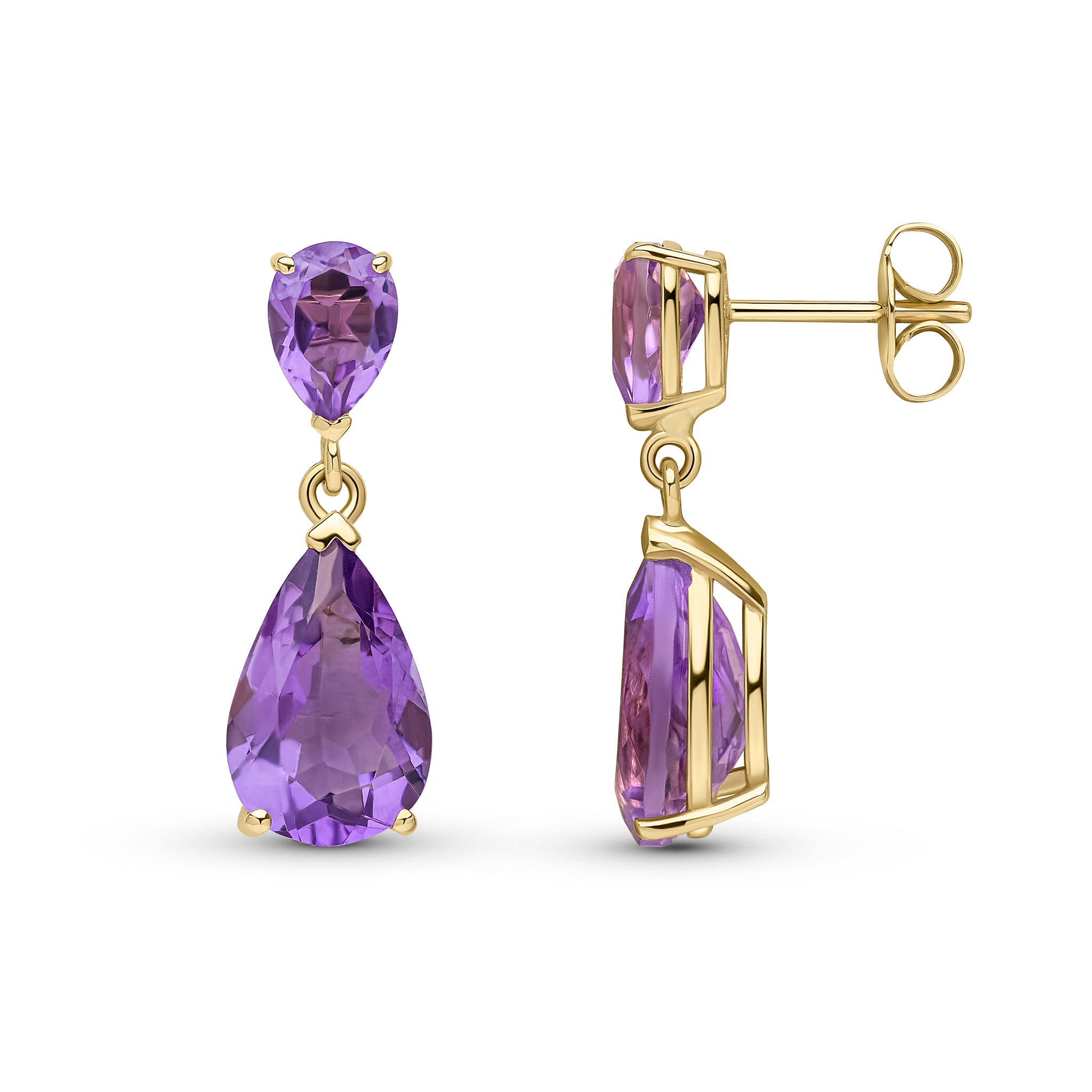 9ct Yellow Gold Pear Shape Amethyst Claw Set 2 Stone Drop Earrings
