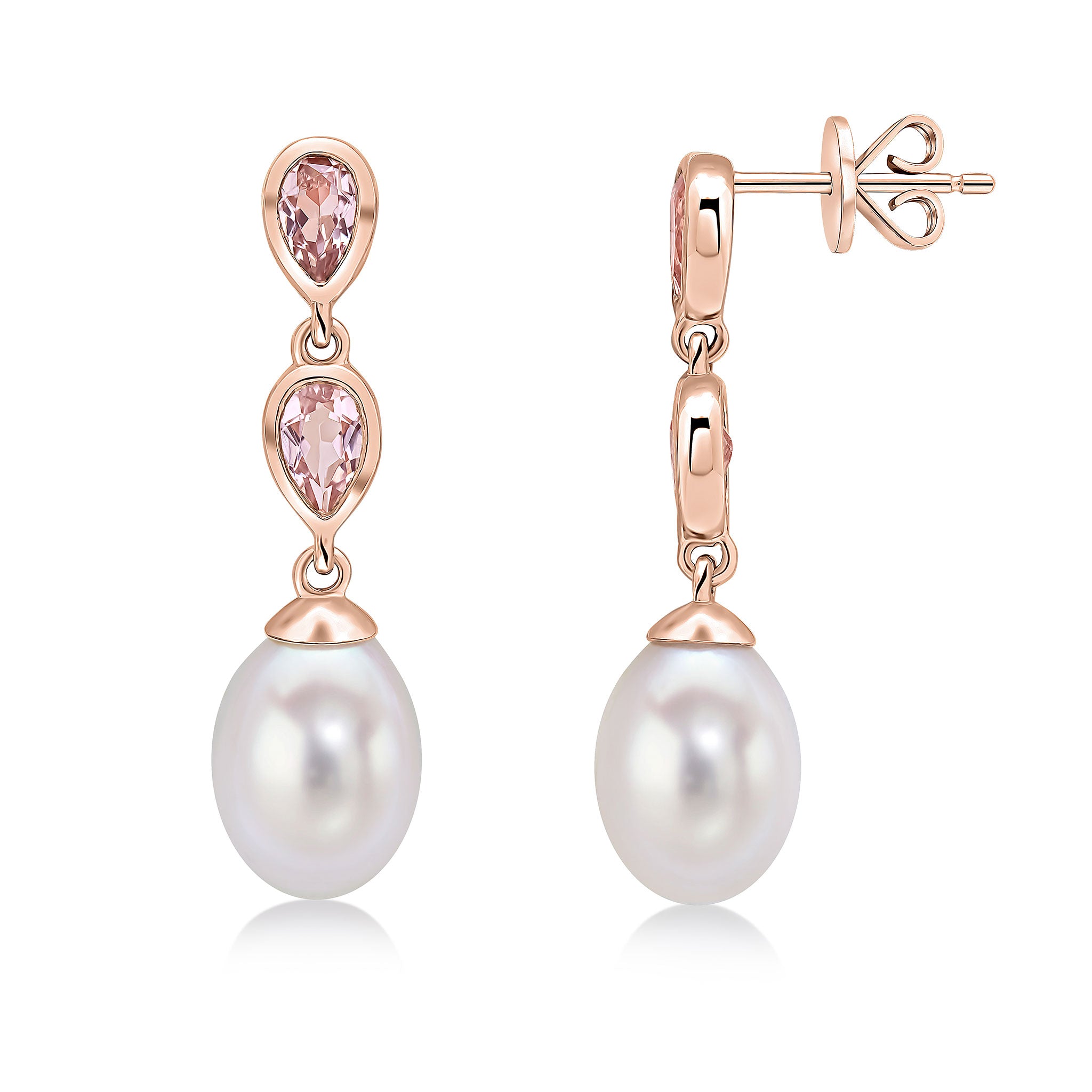 9ct Rose Gold Pearl & Double Pear Shape Morganite Drop Earrings