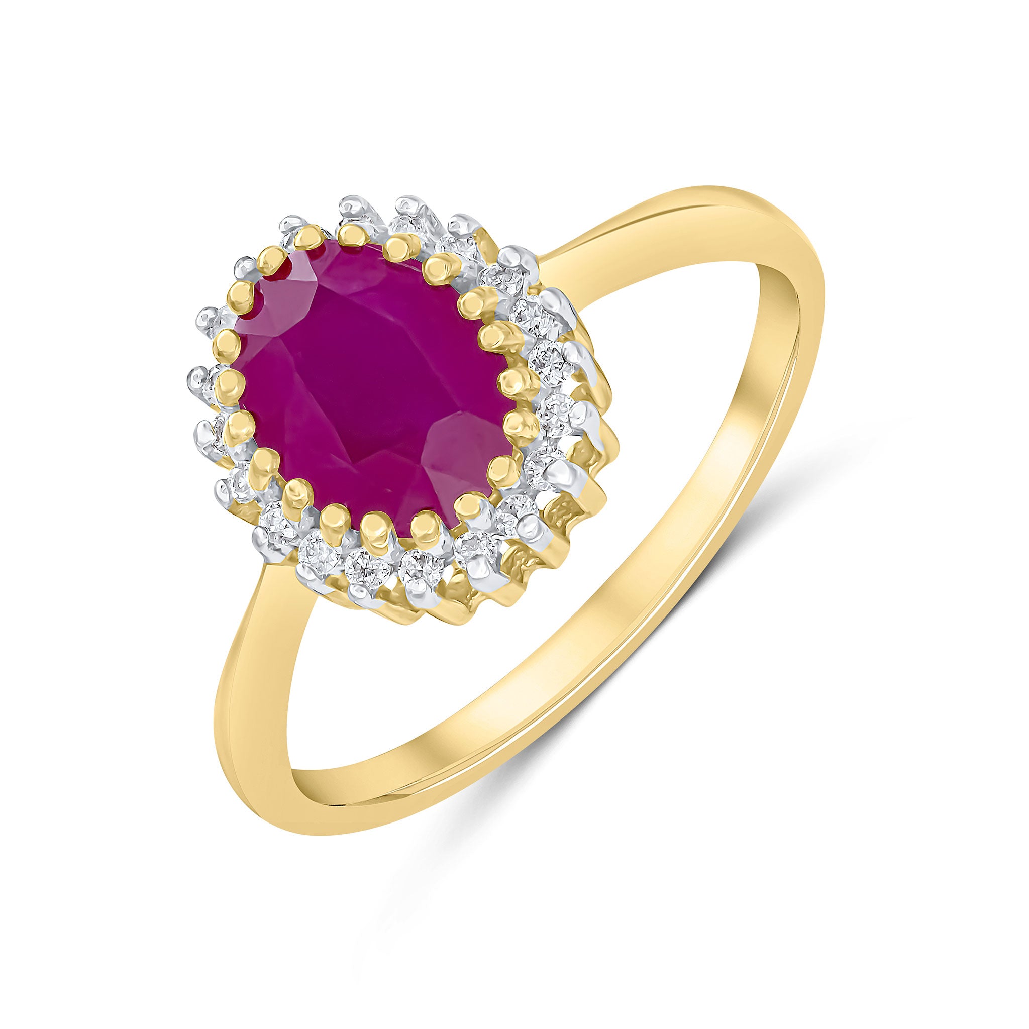 9ct Yellow Gold 8x6 Oval Ruby & Diamond Claw Set Cluster Ring Rhodium to Diamonds