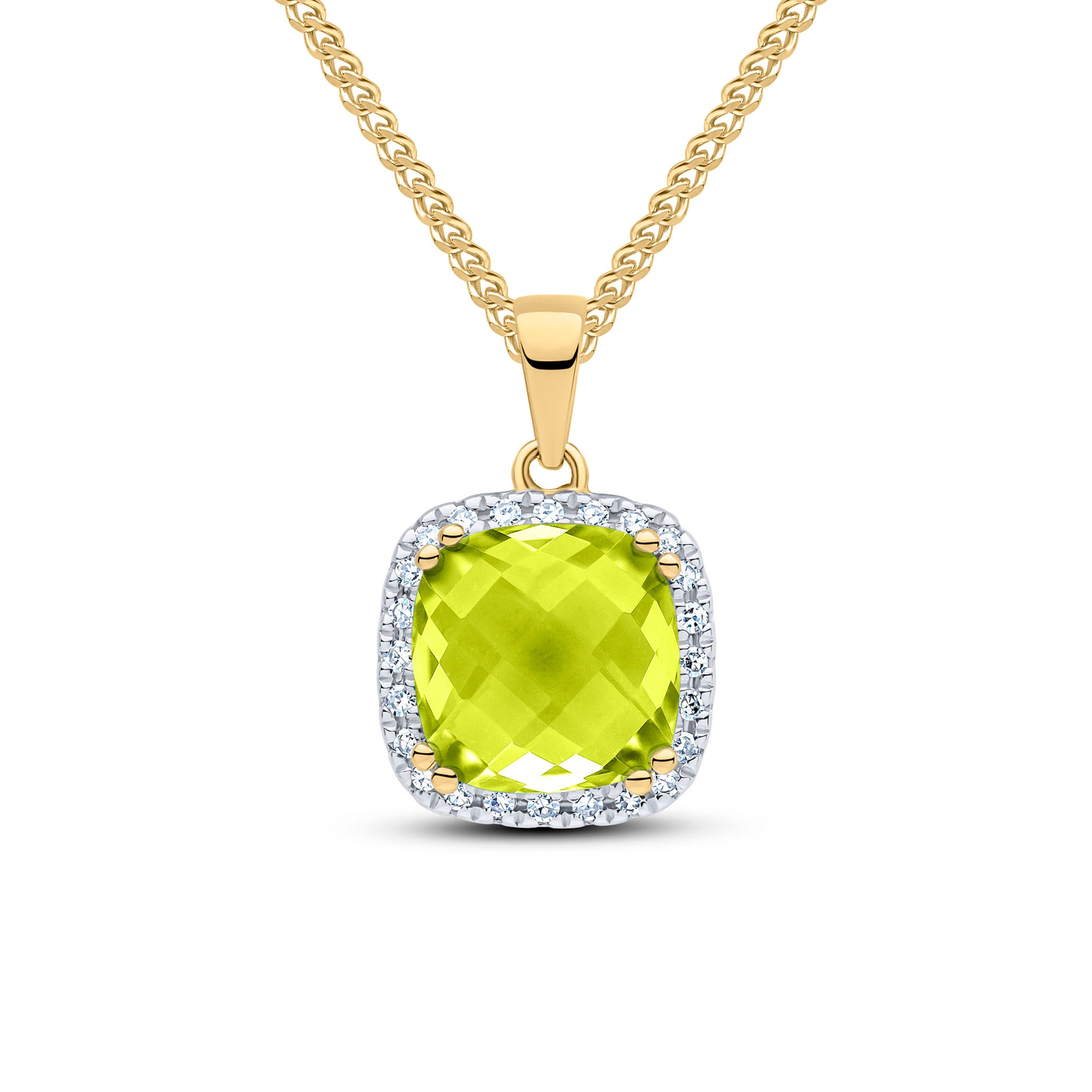 9ct Yellow Gold 8mm Checkeboard Cut Cushion Peridot & Diamond Claw Set Cluster Pendant Rhodium to Diamonds