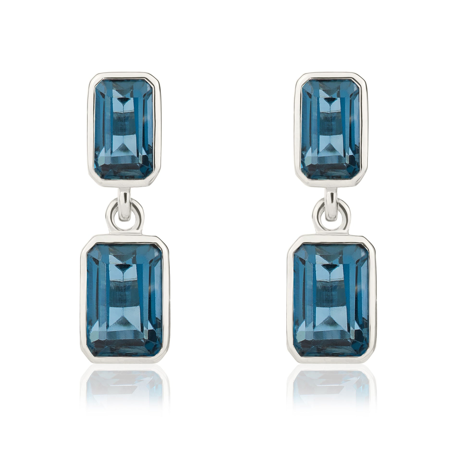 9ct White Gold Octagon London Blue Topaz Rubover 2 Stone Drop Earrings