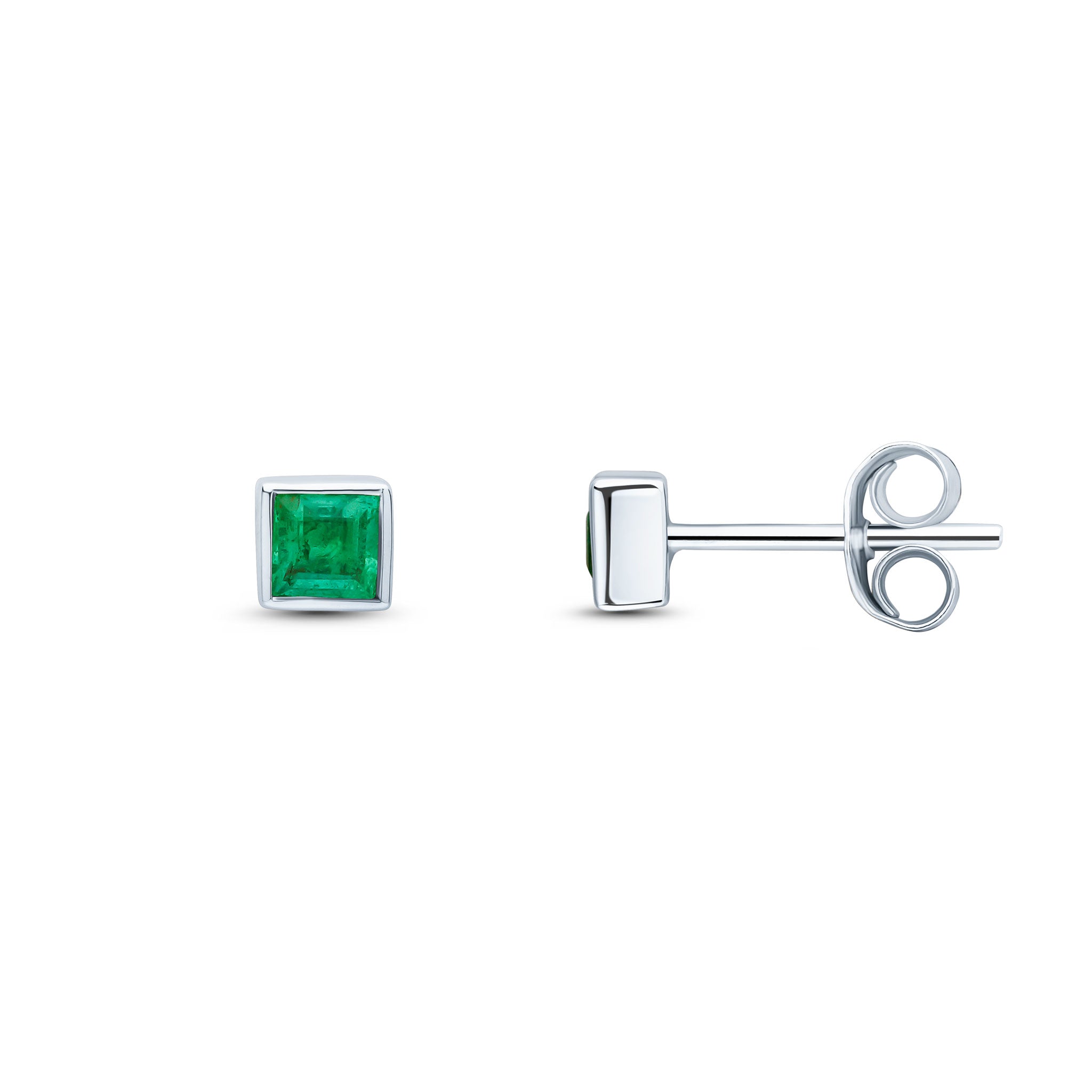 9ct White Gold 3mm Square Emerald Rubover Set Earrings