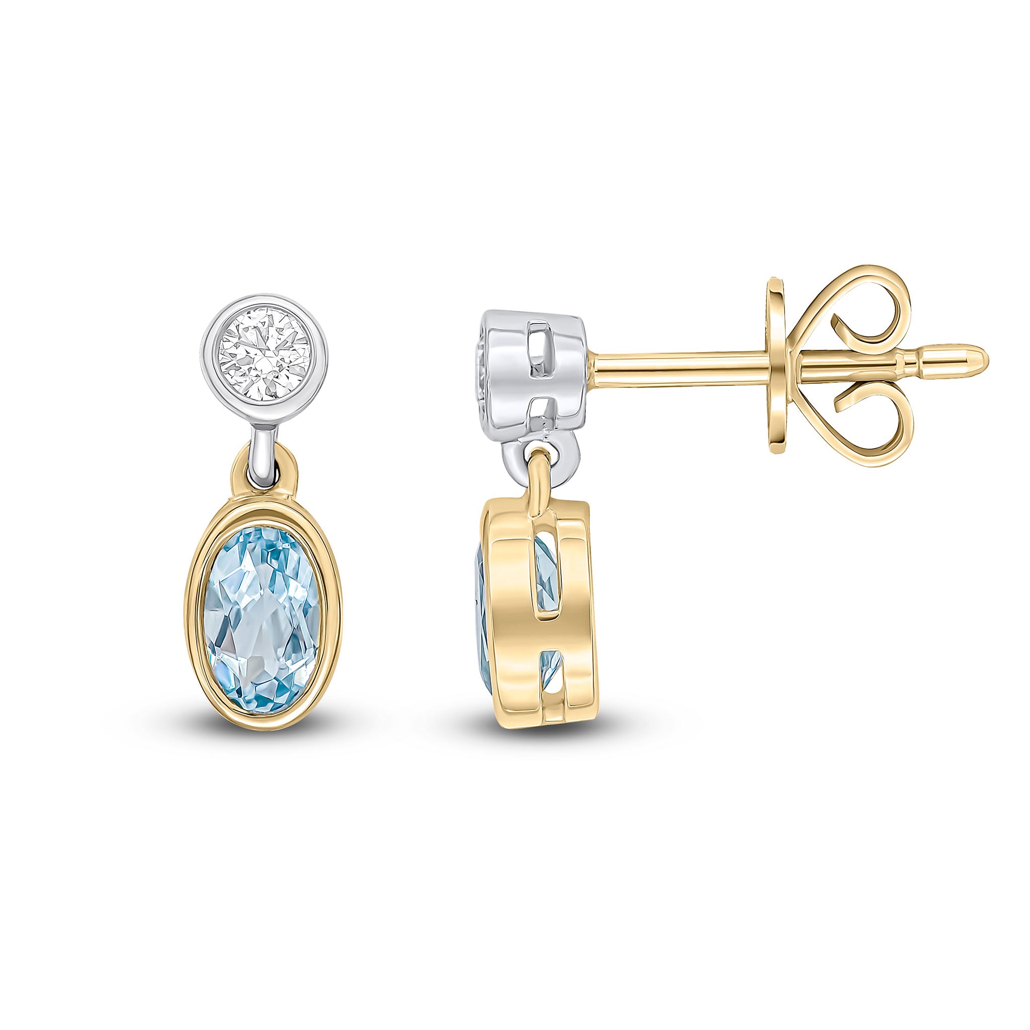 18ct Ywg Oval Aquamarine and Round Diamond 2 Stone Rubover Drop Earring