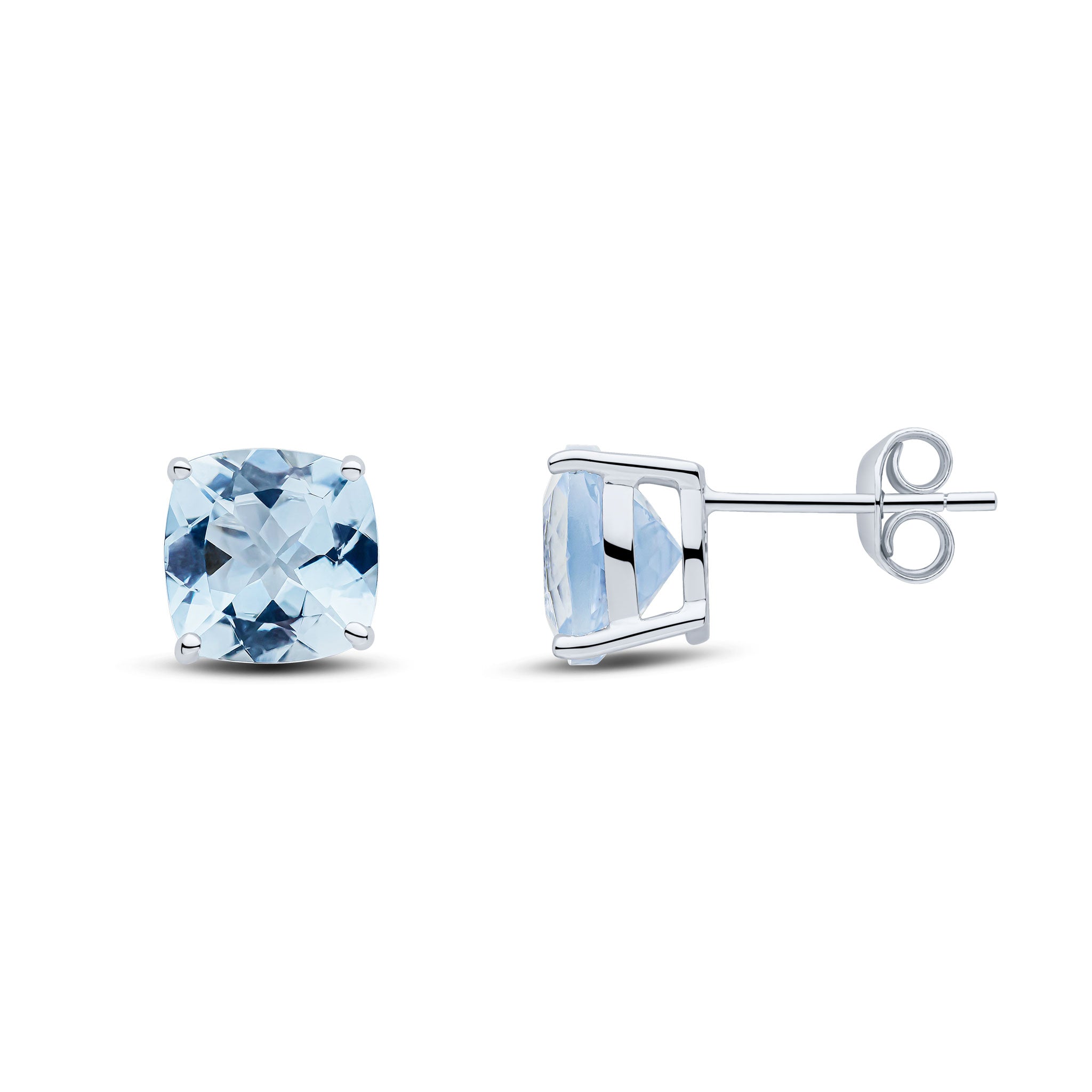 9ct White Gold 8mm Cushion Aquamarine Claw Set Earrings
