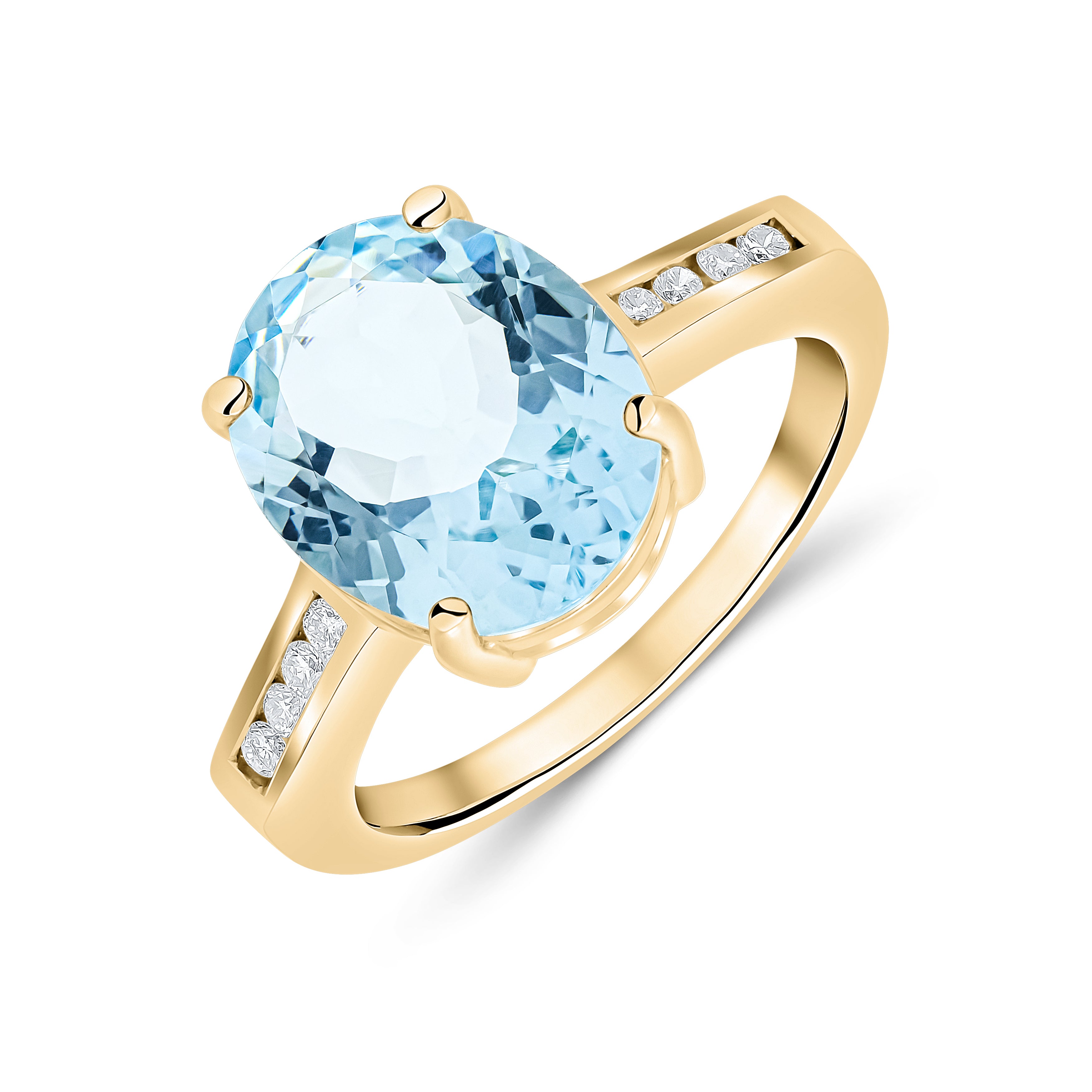 9ct Yellow Gold 12x10mm Claw Set Oval Aquamarine Single Stone Ring with Channel Set Diamond Shoulders