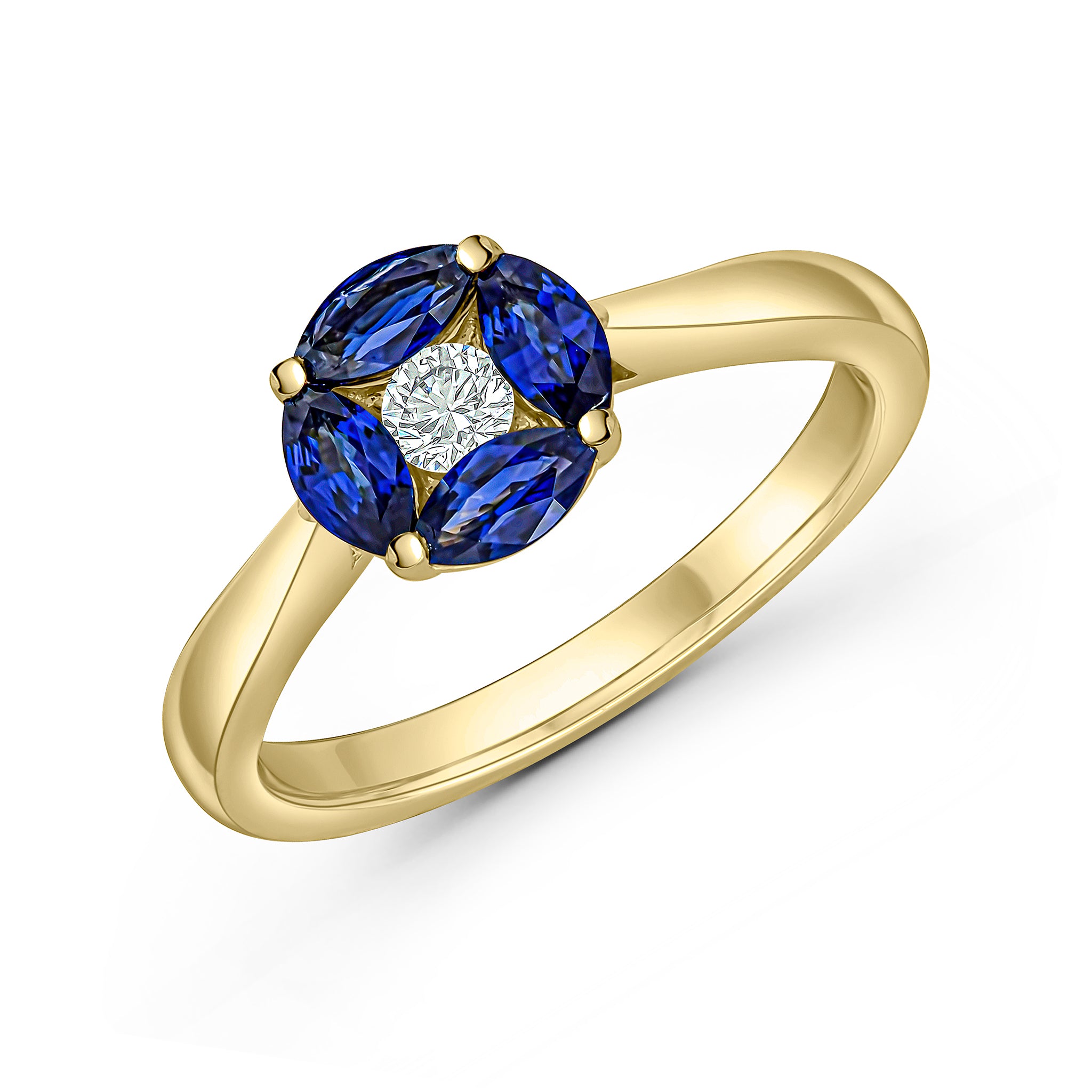 18ct Yellow Gold Marquise Sapphire and Round Diamond Cluster Ring Tapered Shank