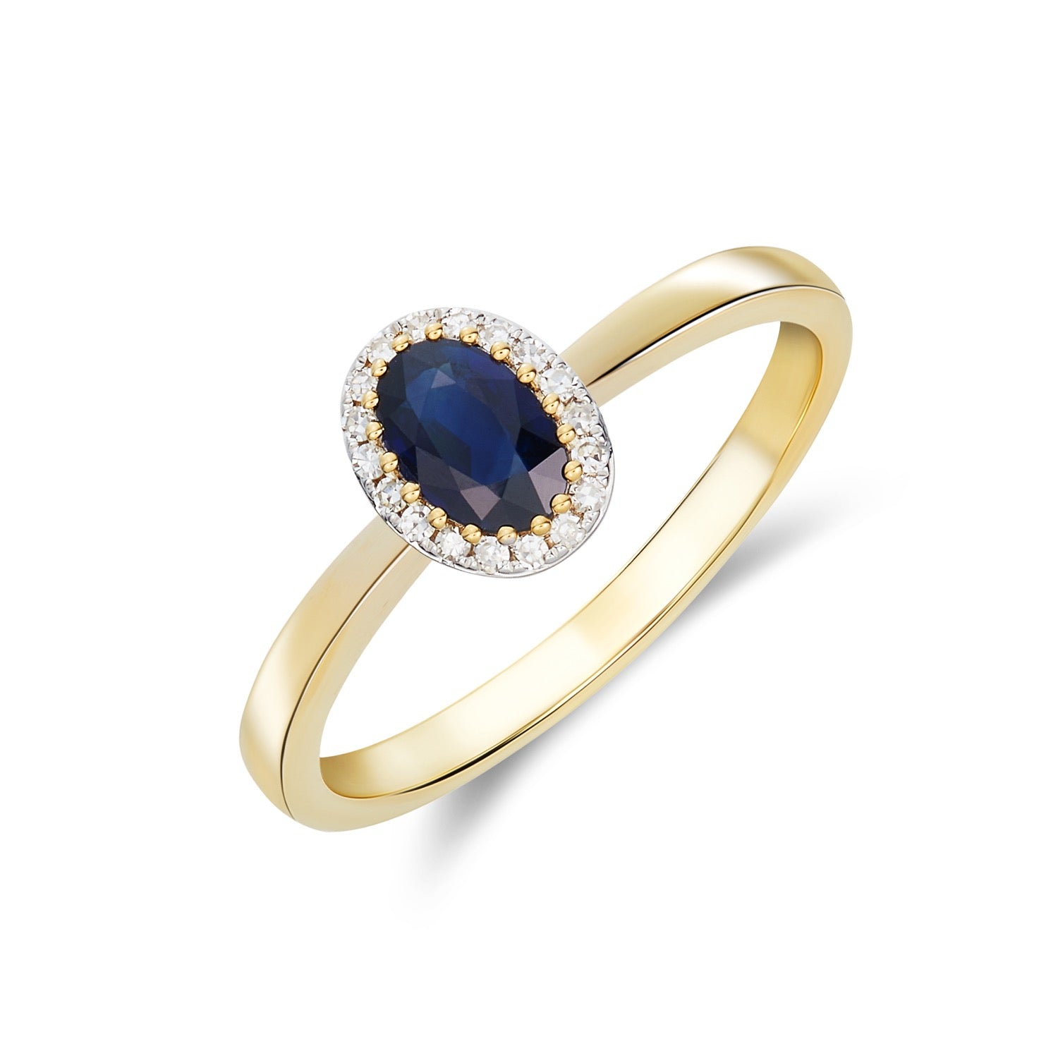 9CT YELLOW GOLD OVAL SAPPHIRE AND DIAMOND CLAW CLUSTER RING 1
