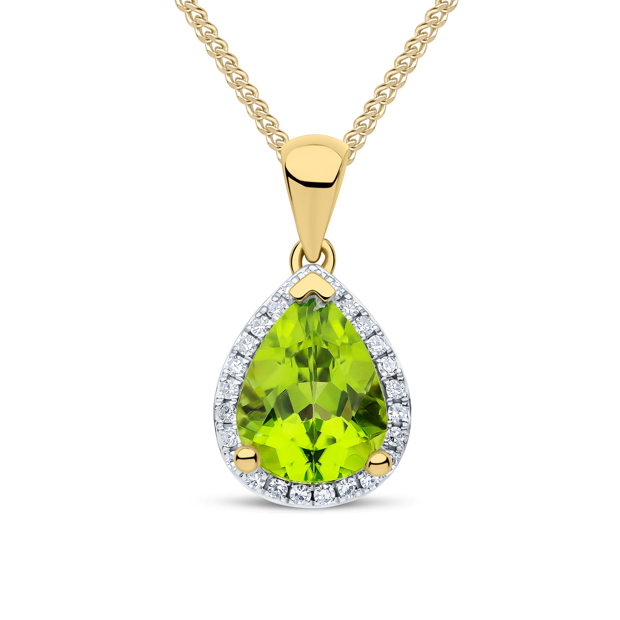 9ct Yellow Gold 9x7 Pear Shape Peridot and Diamond Claw Set Cluster Pendant Rhodium to Diamonds