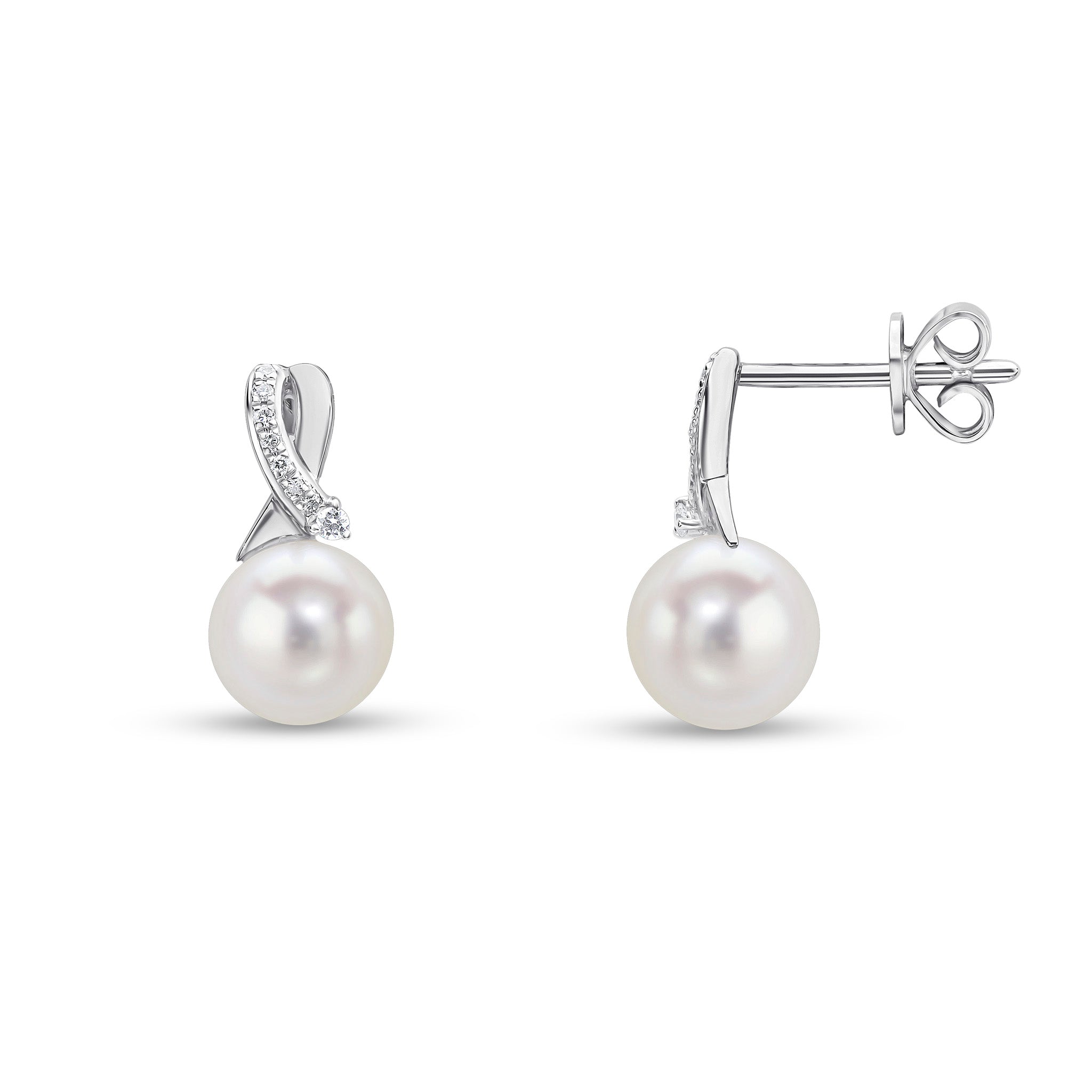 18ct White Gold Cfw Pearl & Diamond Set Cross-Over Loop Top Drop Earrings