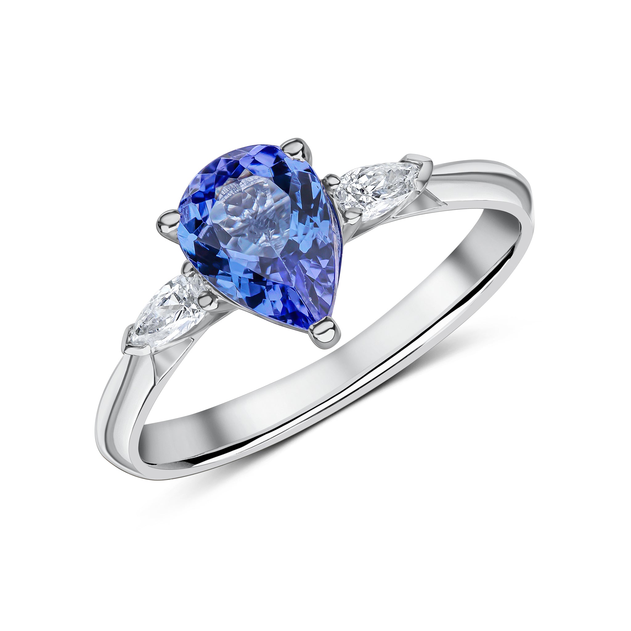 18ct White Gold 8x6 Pear Shape Tanzanite and Pear Shape Diamond Claw Set 3 Stone Ring