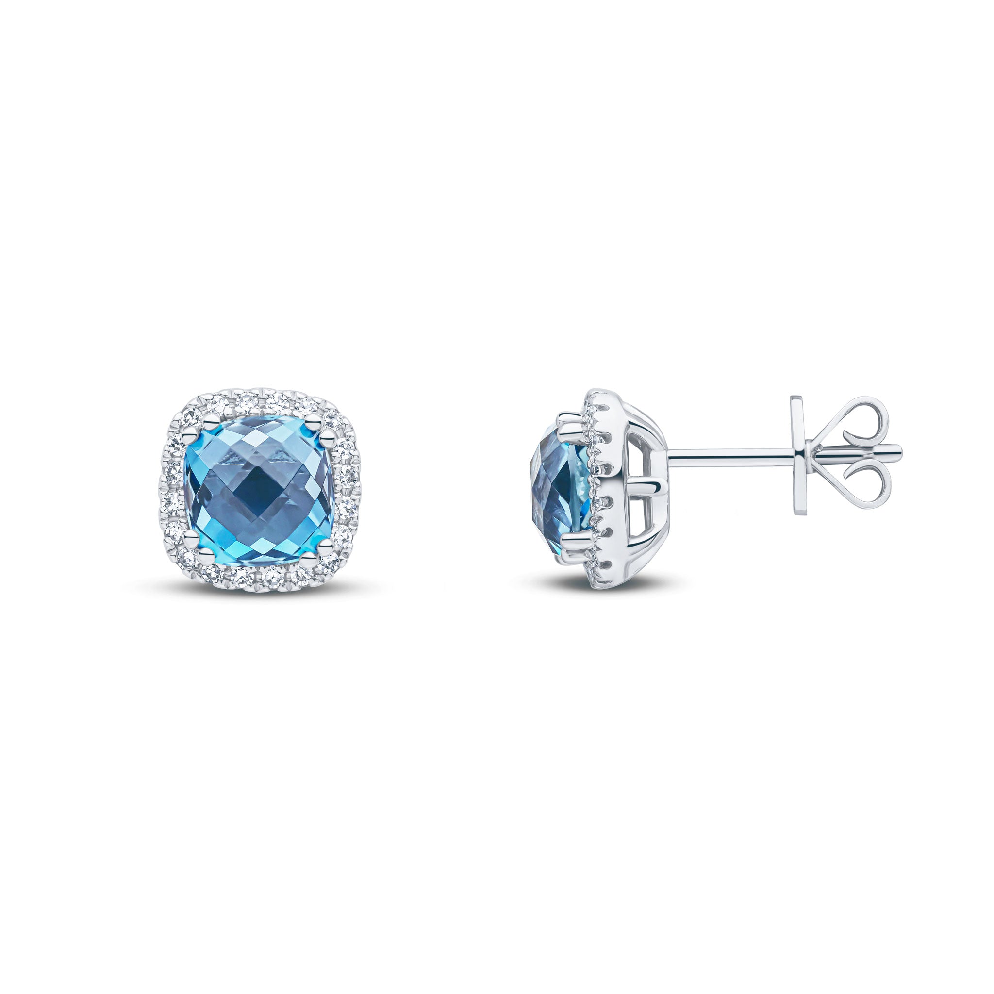 9ct White Gold 6mm Checkerboard Cut Cushion London Blue Topaz and Diamond Claw Cluster Earrings