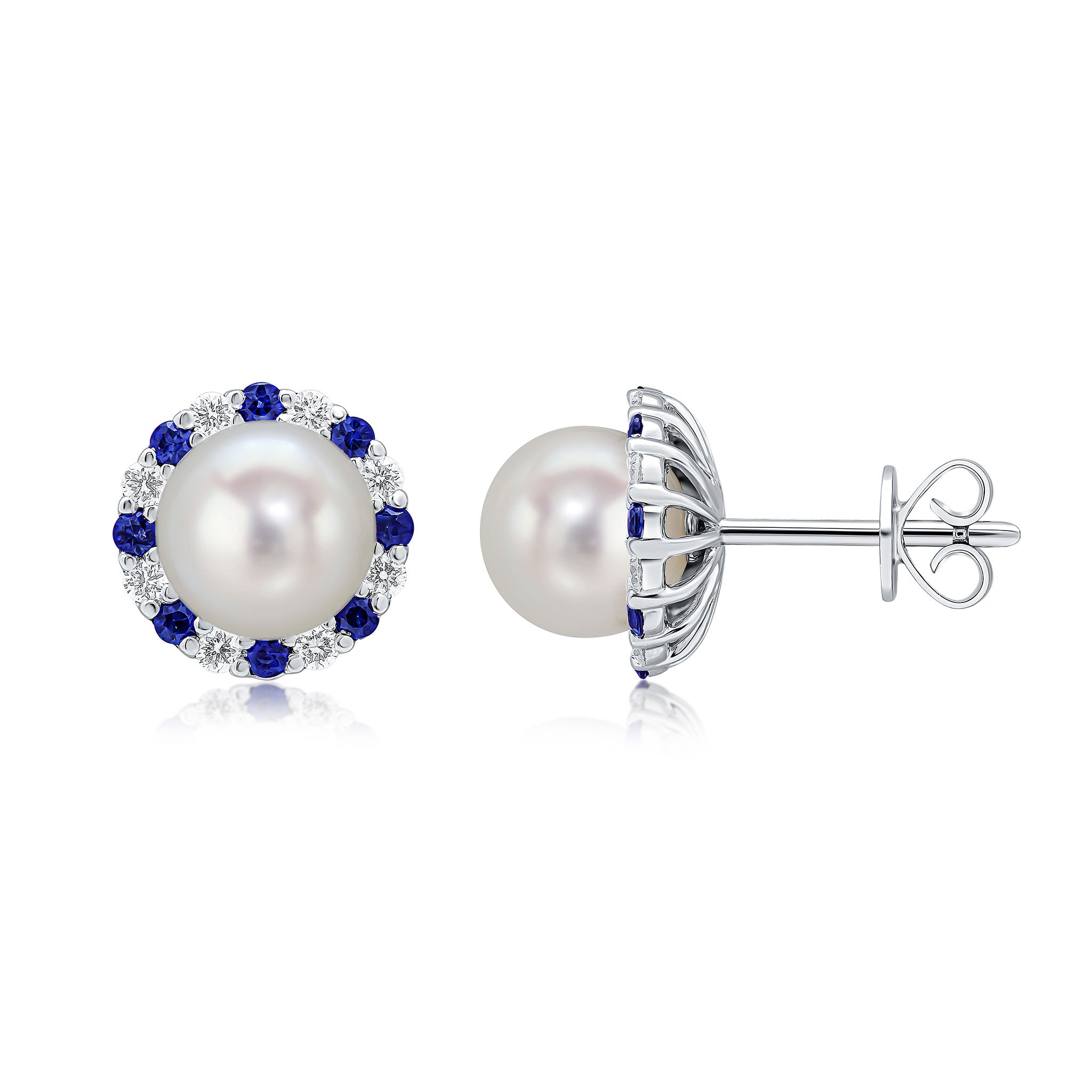 18ct White Gold 7mm Cultured Pearl Studs with Sapphire and Diamond Detacheable Border
