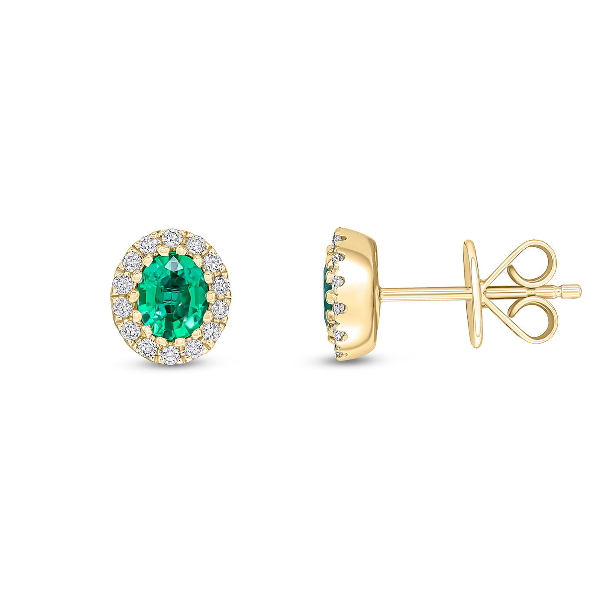 18ct Yellow Gold 5x4 Oval Emerald and Round Diamond Claw Cluster Earrings