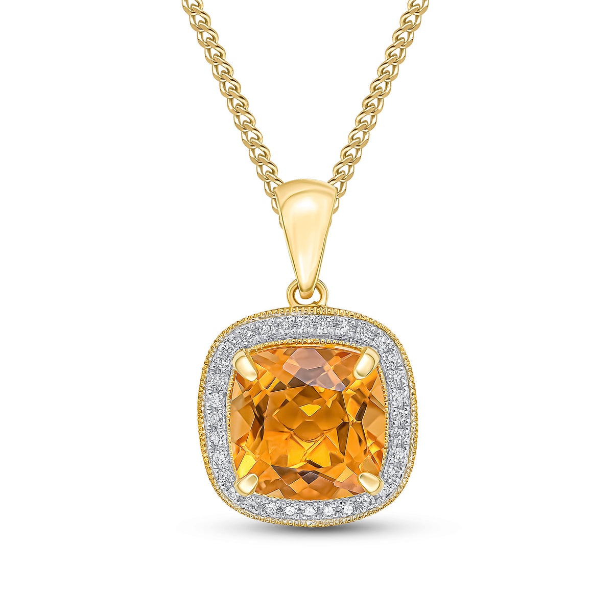9ct Yellow Gold 9mm Cushion Citrine & Diamond Cluster Pendant Milgrain Edge