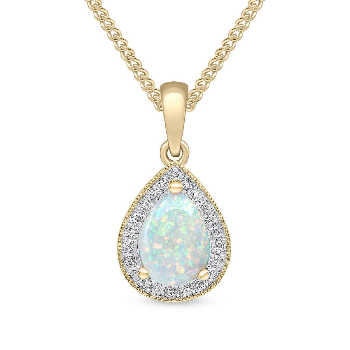 18ct Yellow Gold Claw Set 8x6 Pear Shape Opal and Round Diamond Cluster Pendant Milgrain Edge