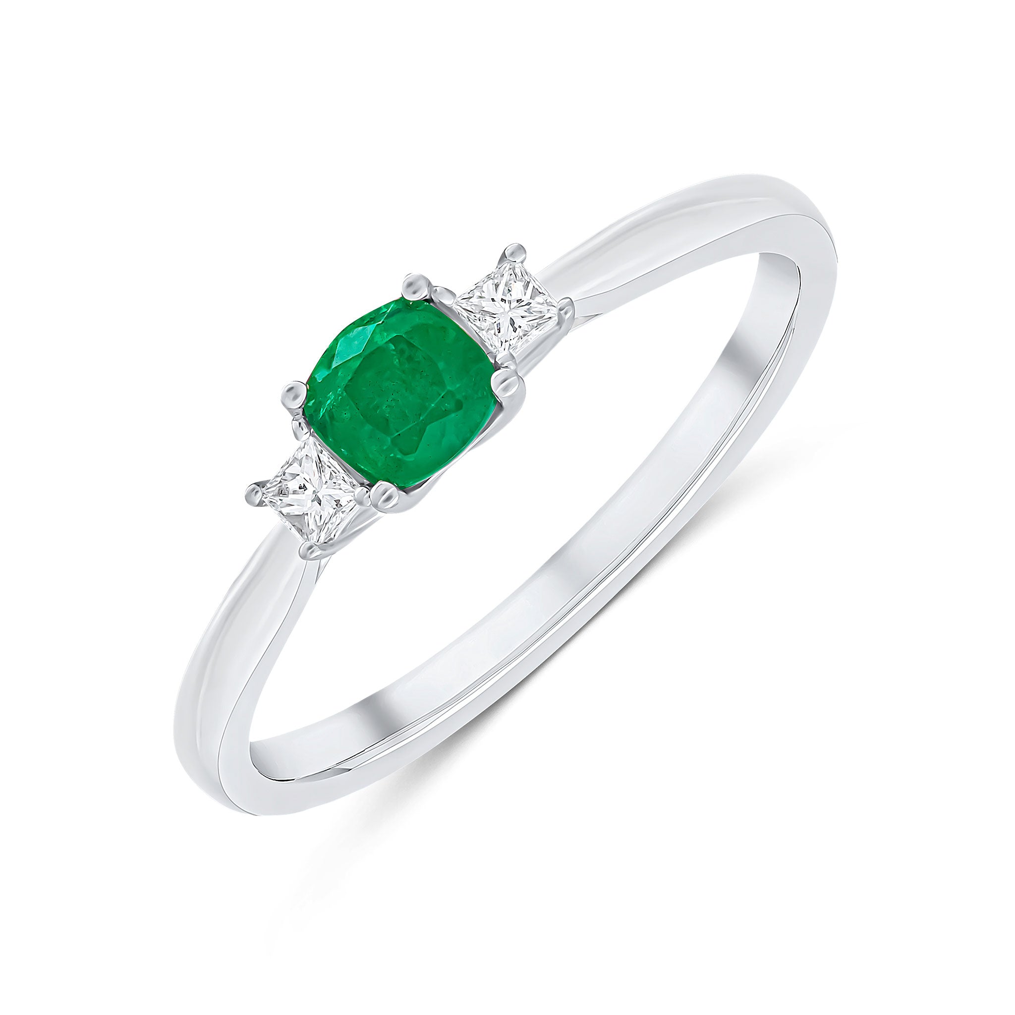18ct White Gold 4mm Cushion Emerald and Princess Cut Diamond Claw 3 Stone Ring