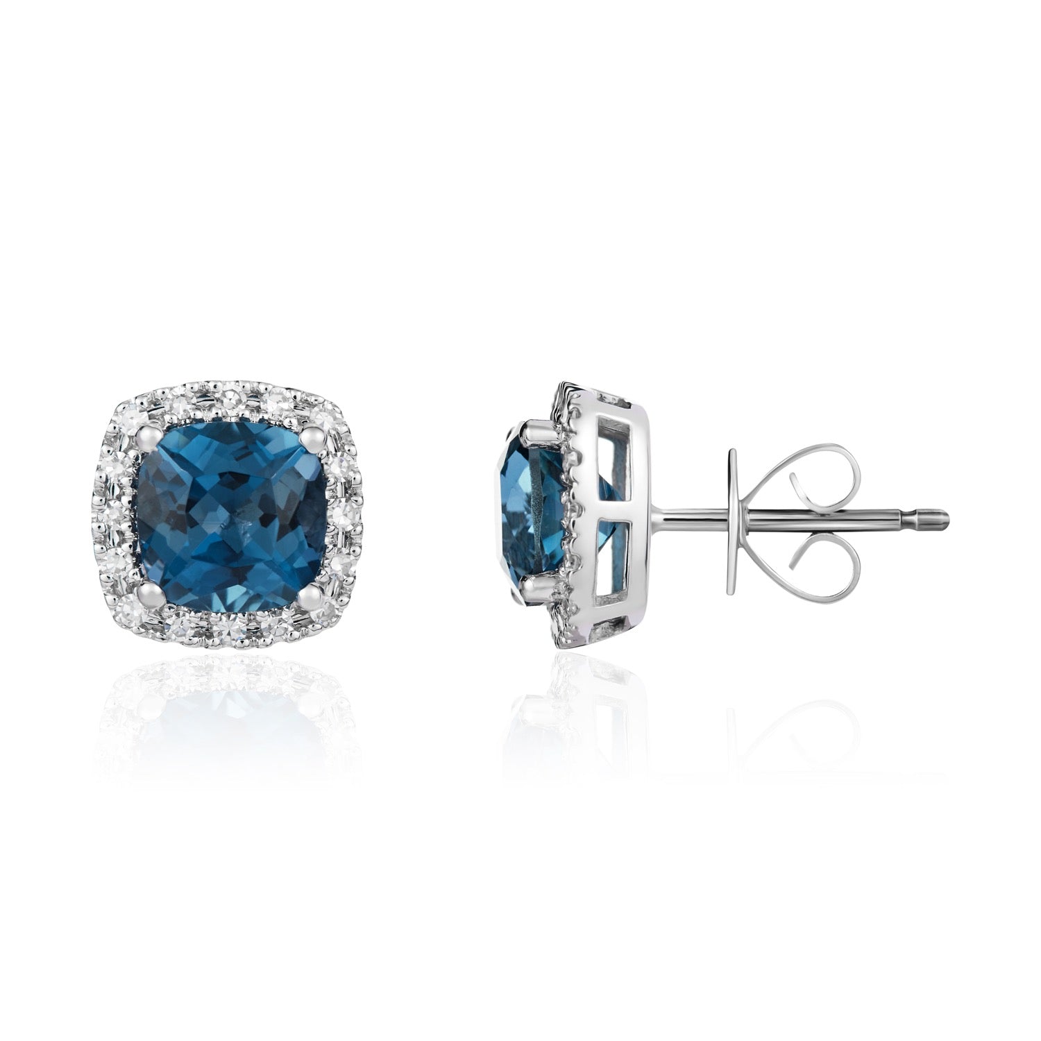 9ct White Gold Cushion London Blue Topaz & Diamond Cluster Earrings