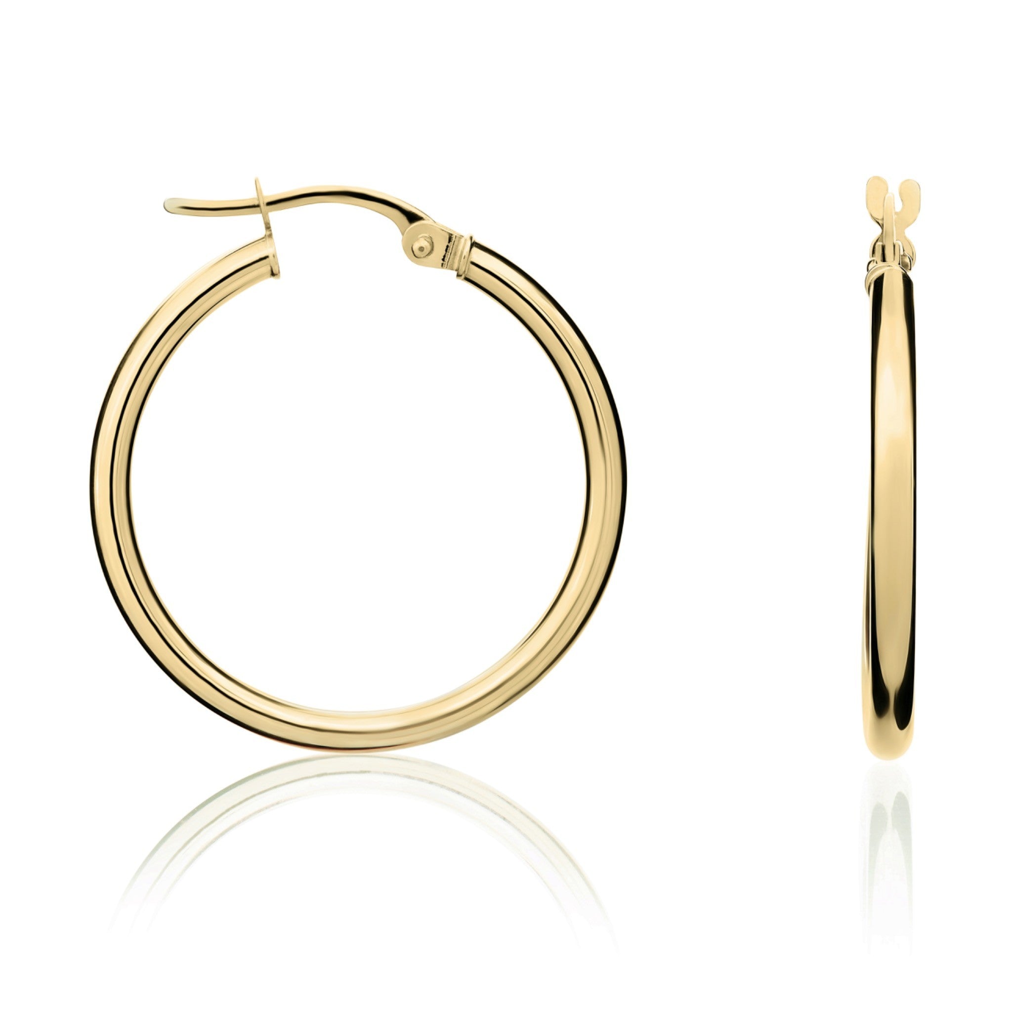 18ct yellow gold Polished 2mm Round Tube Hoop Earrings. 24mm Outer Diameter