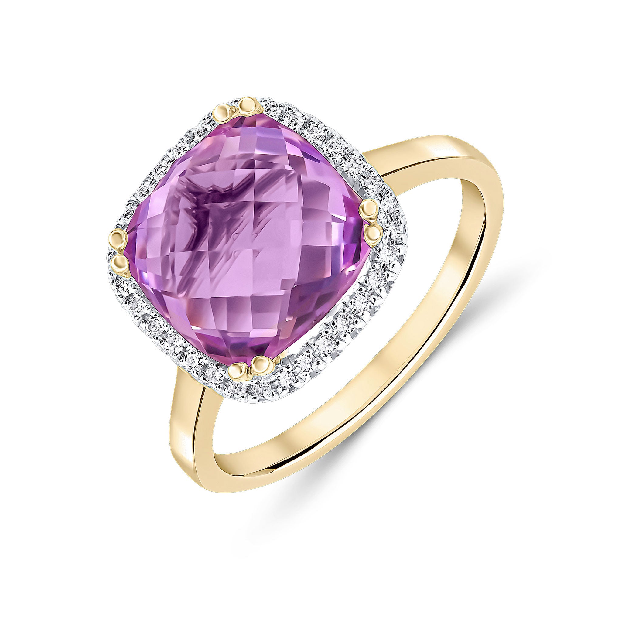 9ct Yellow Gold 10mm Checkerboard Cut Cushion Pink Amethyst & Diamond Claw Set Cluster Ring Rhodium to Diamonds