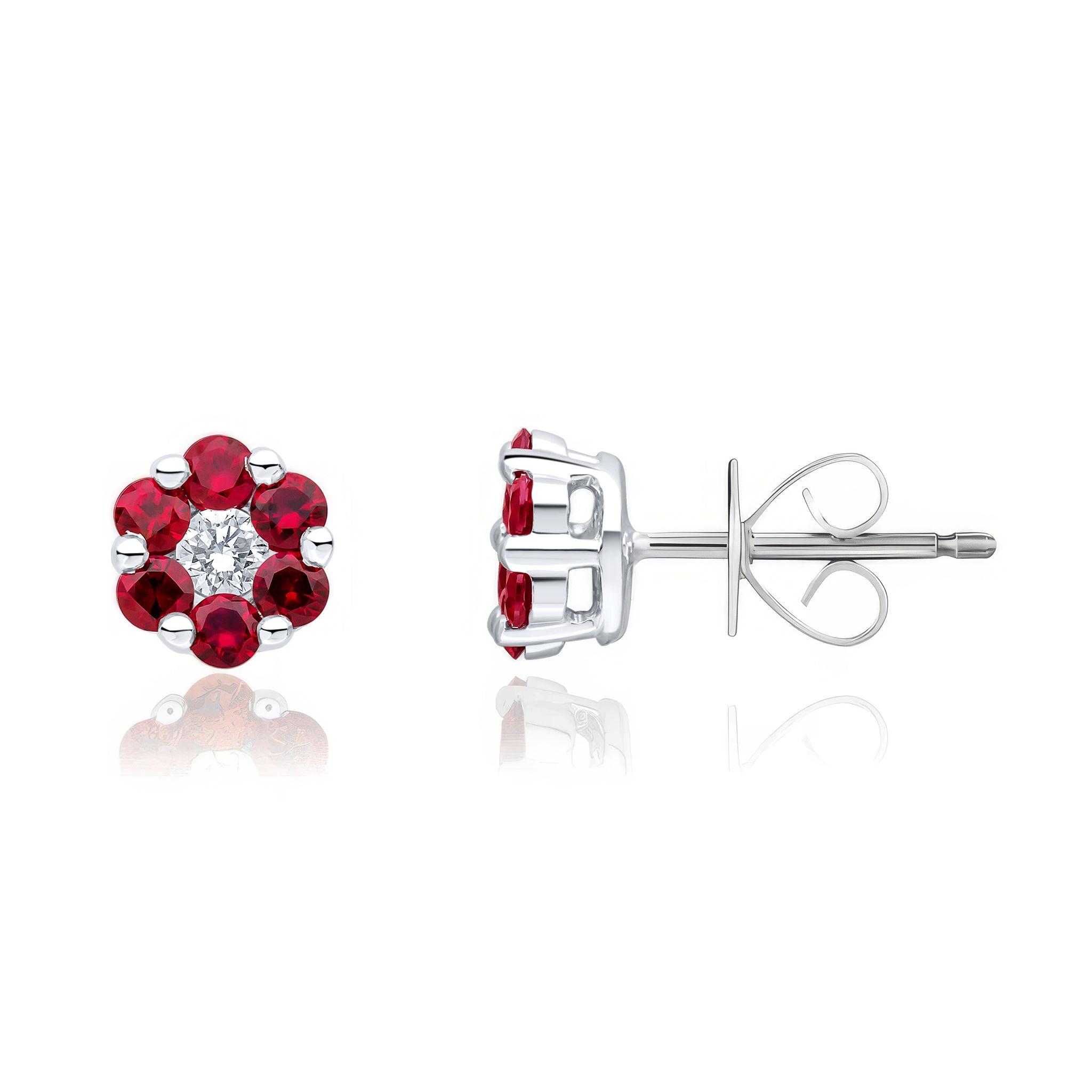 18ct White Gold Round Ruby and Diamond Reverse Cluster Earrings